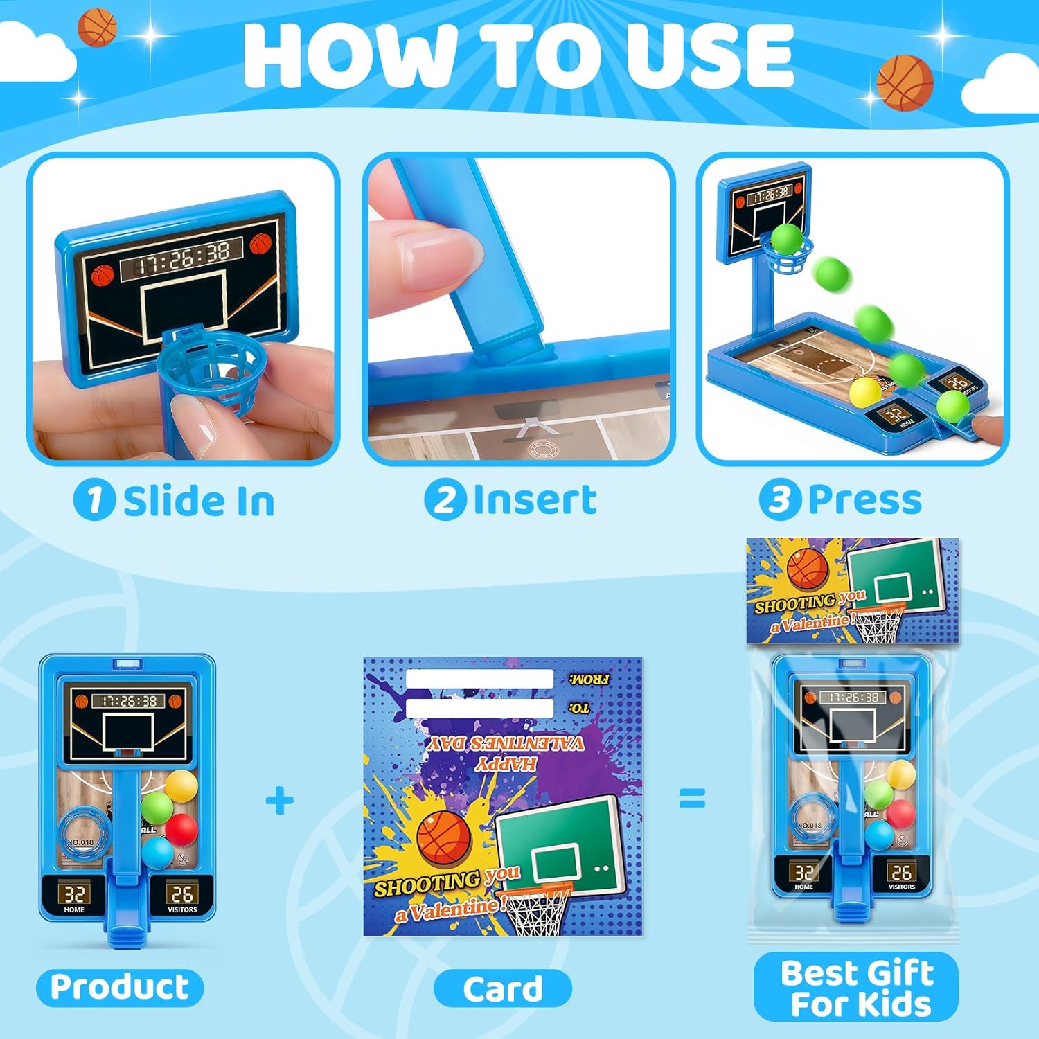 Valentines Day Gifts for Kids Classroom, 24 Pack Valentines Day Cards with Basketball Shooting Game, Basketball Toy for School Valentines Exchange Prizes, Valentines Party Favors for Boys Girls