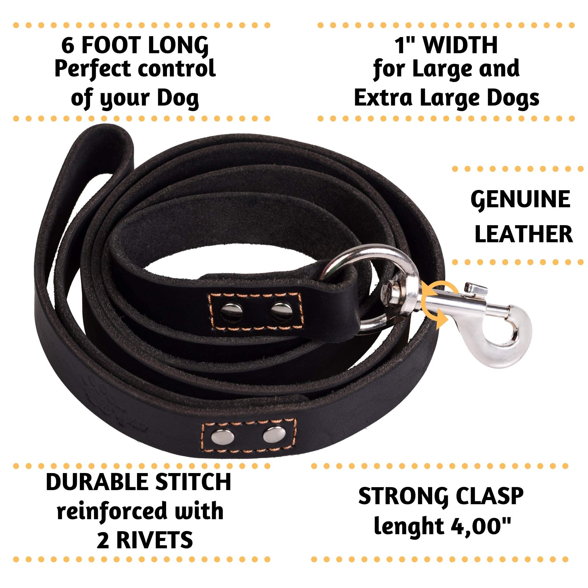 ADITYNA - Correa de cuero resistente para perro de 6 pies - Correa de cuero fuerte y suave para perros extragrandes, grandes y medianos - Correa de entrenamiento para perros (XL - 6 pies x 1 pulgada
