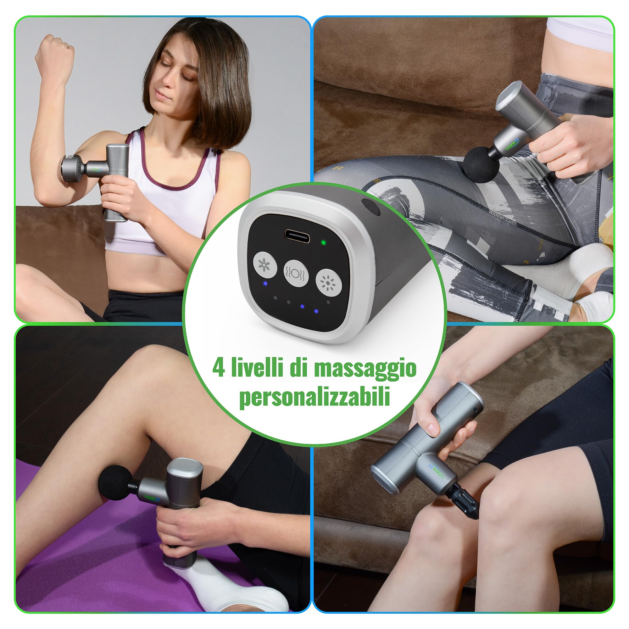 LX-041, pistola per massaggi Lifenaxx per tessuti profondi, 3 livelli di riscaldamento e raffreddamento, 5 testine, 4 livelli massicci, ricarica USB, 2000 mAh - Mini massaggiatore portatile per corpo