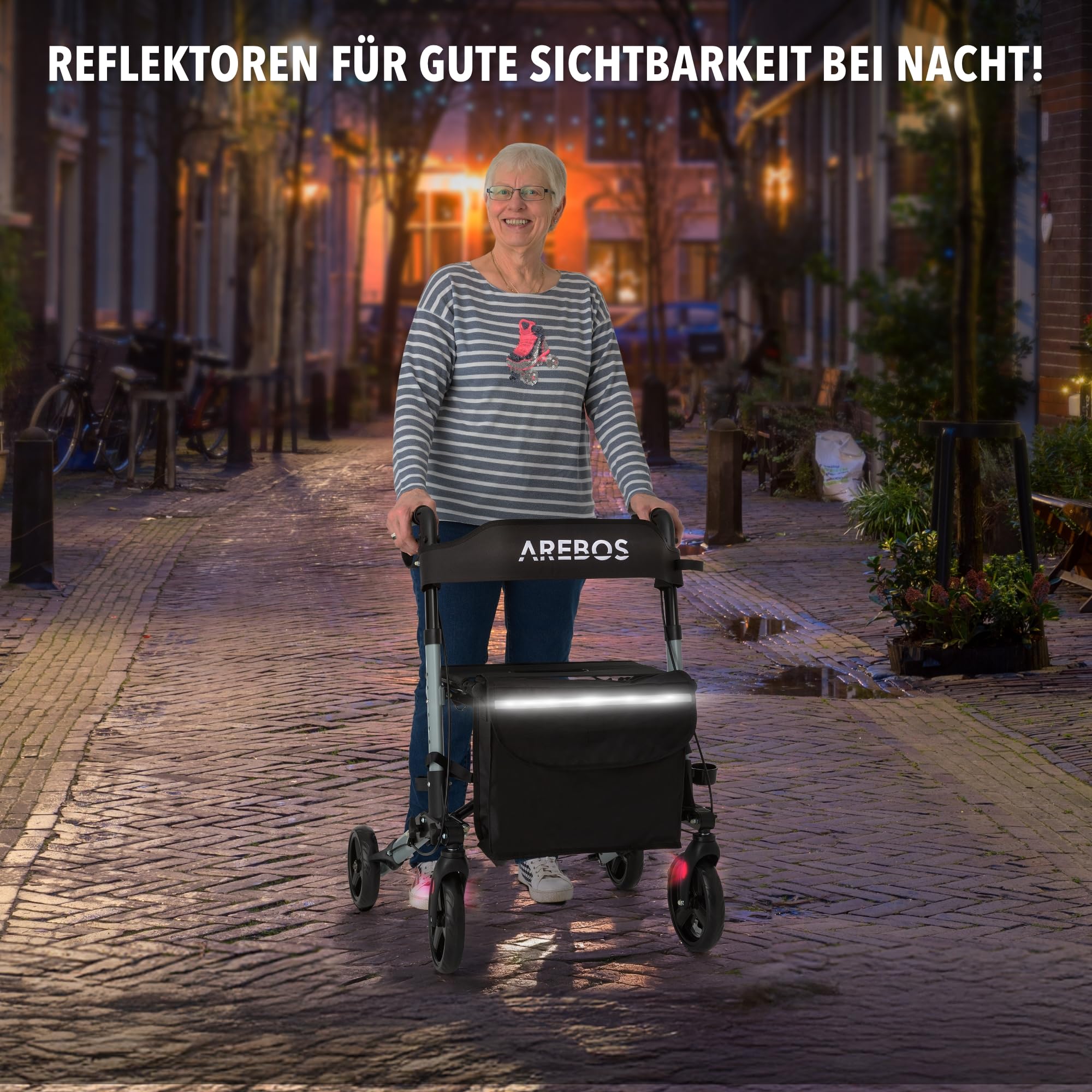 Arebos Leichtgewicht Rollator Aluminium | Reiserollator 6-fach höhenverstellbar | Faltbar | Inkl.Stockhalter und abnehmbare Einkaufstasche | Gehwagen Laufhilfe Gehhilfe mit Feststellfunktion | Schwarz