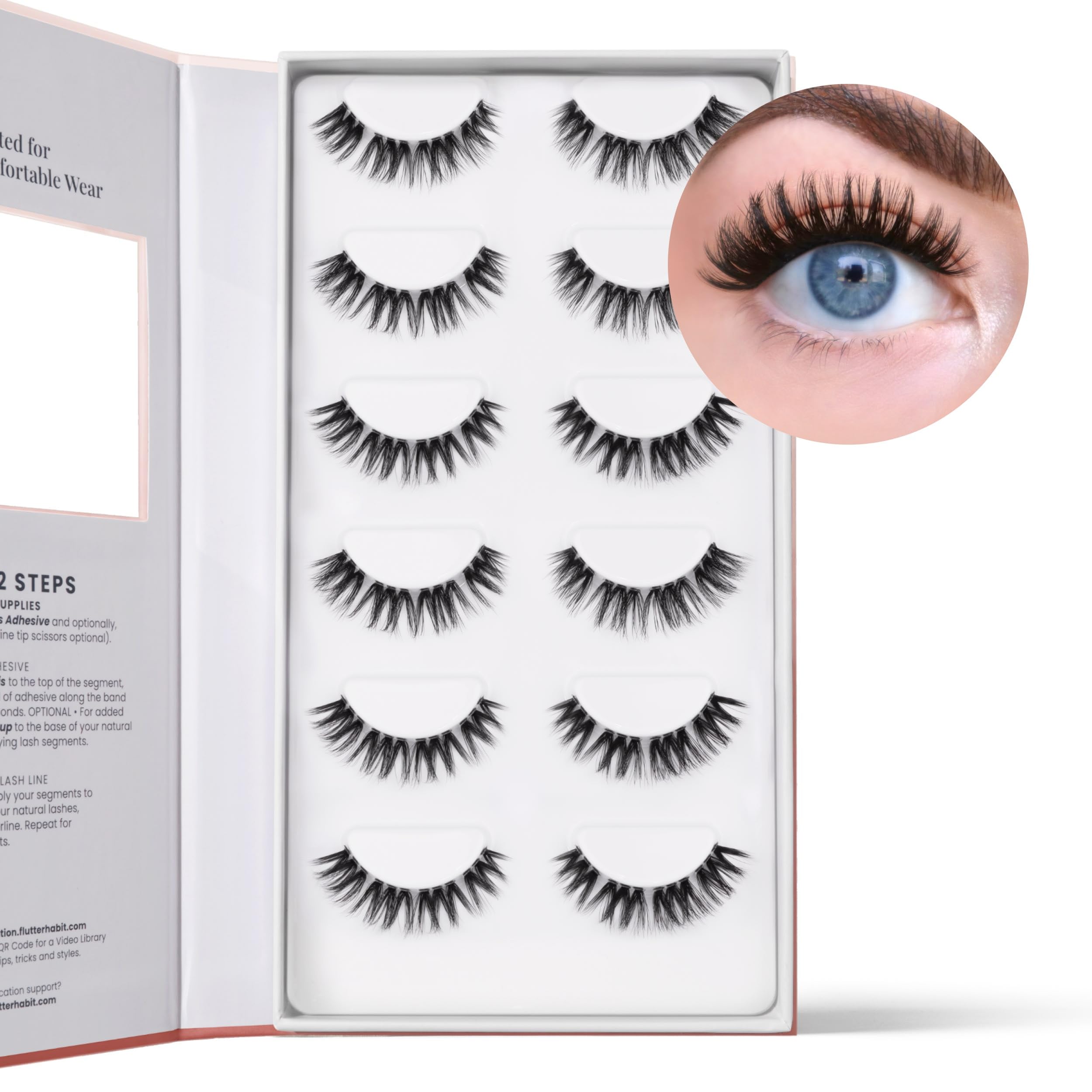 Doll-Eyed Lash Clusters for Women, Salon Quality At Home Eyelashes Extension Kit, 6 Lash Sets, No Lash Glue Included: Flirt