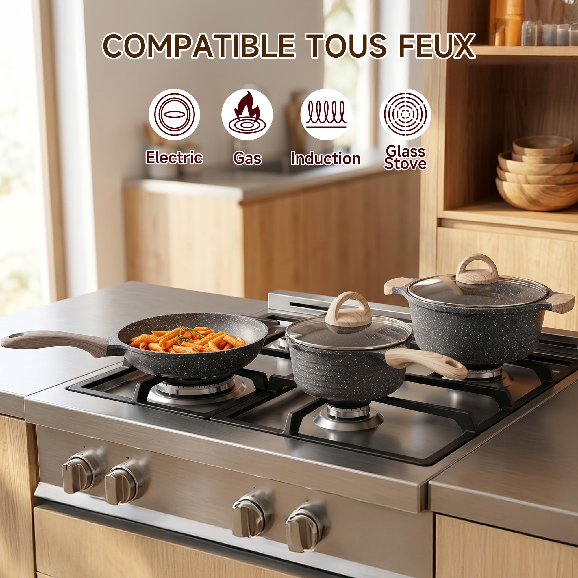 JEETEE Batterie de Cuisine Induction 23 Pièces, Lot Poêle et Casserole | Revêtement Antiadhésif Sain sans PFOA, Tous Feux, Diffusion Homogène de Chaleur, Nettoyage Facile pour Cuisine Maison