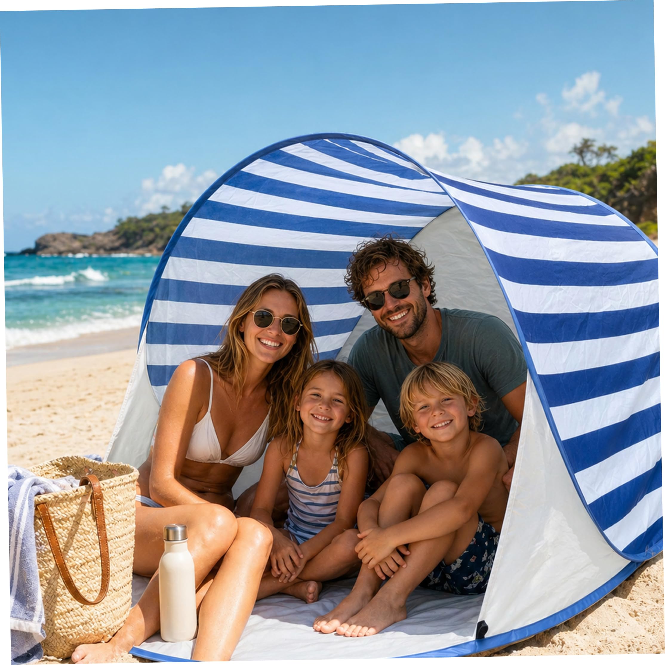 Tente de Plage Pop-up, tentes d'ombrage à Installation instantanée pour l'extérieur, abri Solaire de Plage Pliable et Portable pour l'été - Rayures Bleues, Tente