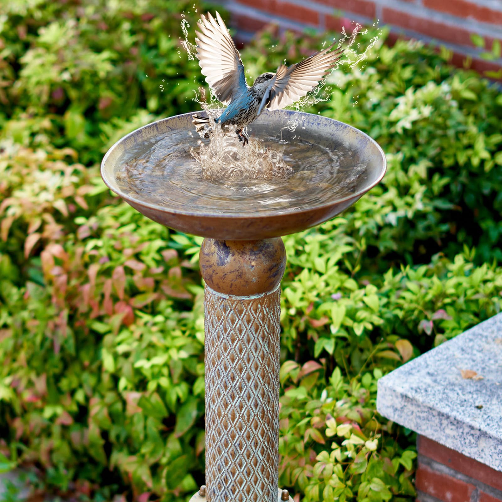 HUWAIPL 35.4" Hร12.2" W Metal Bird Baths for Outdoors,Cylindrical Base Bird Bath,Vintage Bird Bath Bowl, Bird Feeder Seed Tray Garden Lawn Yard Decor