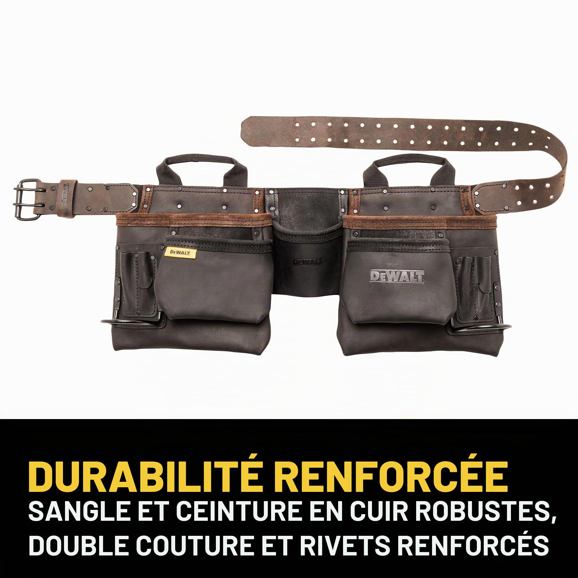 DEWALT Ceinture à outils en cuir, durable, ceinture professionnelle à 11 poches (DWST550112)