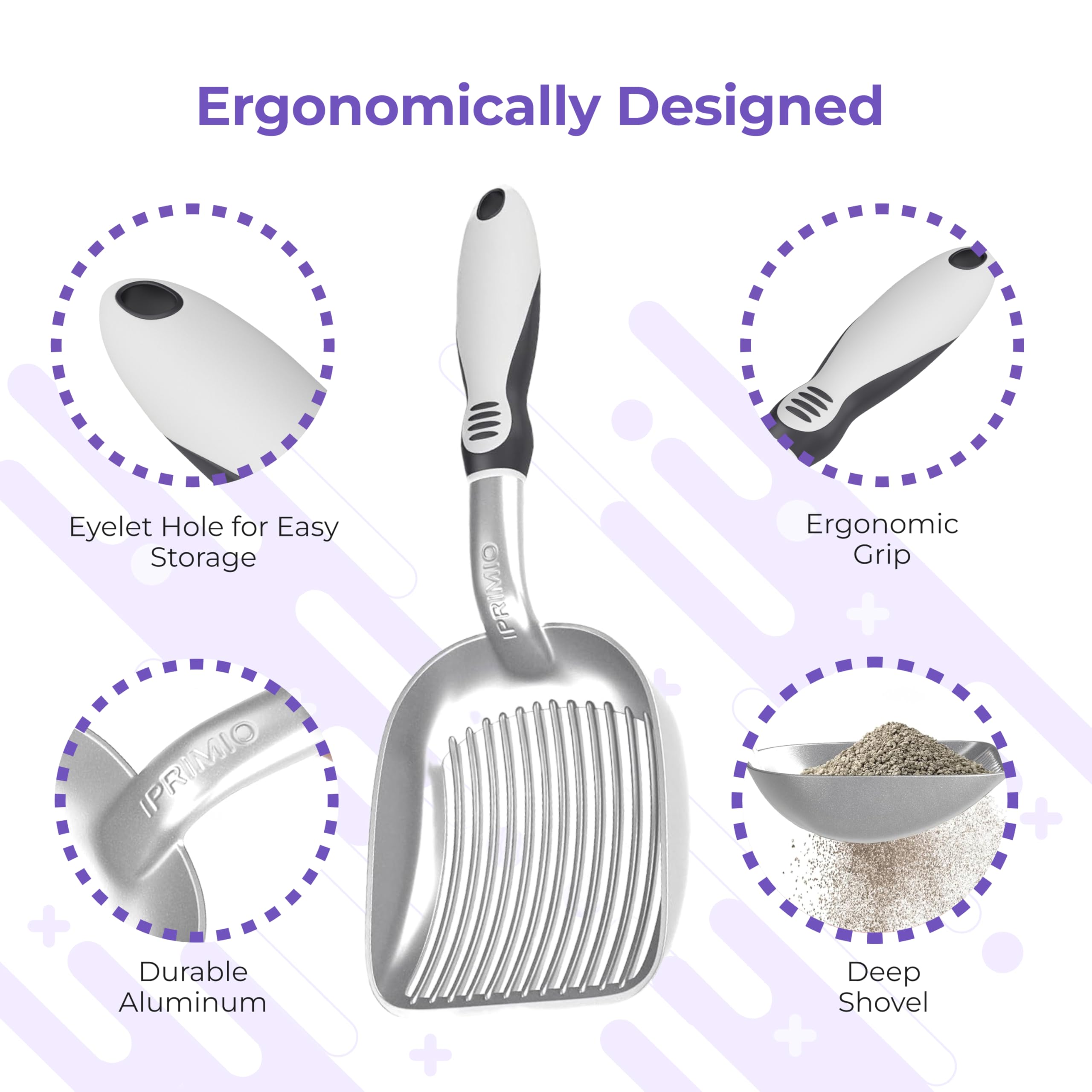 iPrimio Cat Litter Scooper Deep Shovel with Holder - (Silver XL) - Non-Stick Pooper Scooper Shovel Kitty Litter Sifter - Patented Solid Aluminum Poop Scoopers with Long Handle, Easy Grip, Pet Supplies - image 5