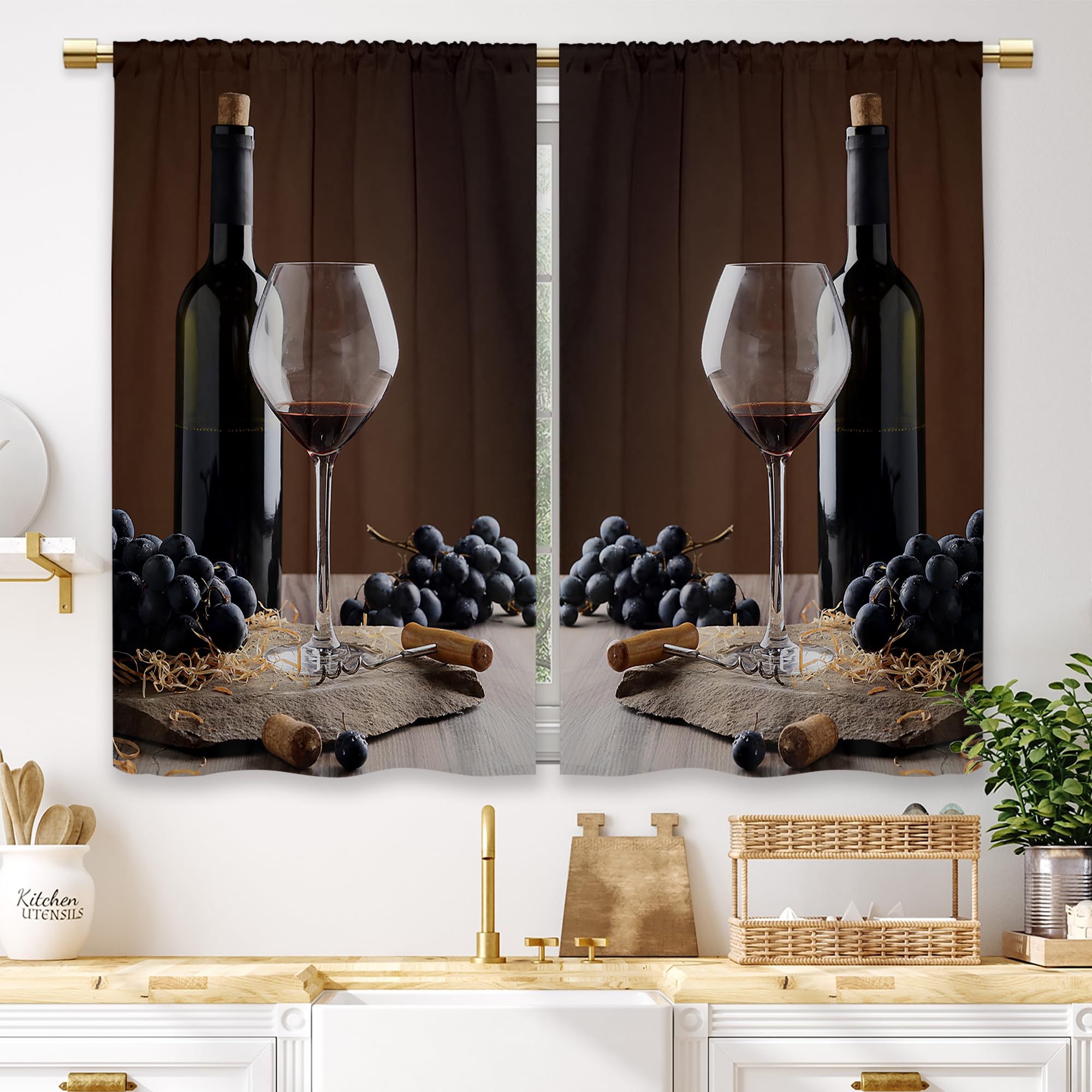 Laifzere Brown Wine Kitchen Curtains Vintage Farmhouse Country Grape Glass Small Short Cafe Window Curtains Fruit Rod Pocket Bathroom Window Drapes Treatment Tier Curtains 2 Panels (27.5x39 Inch) — image 1