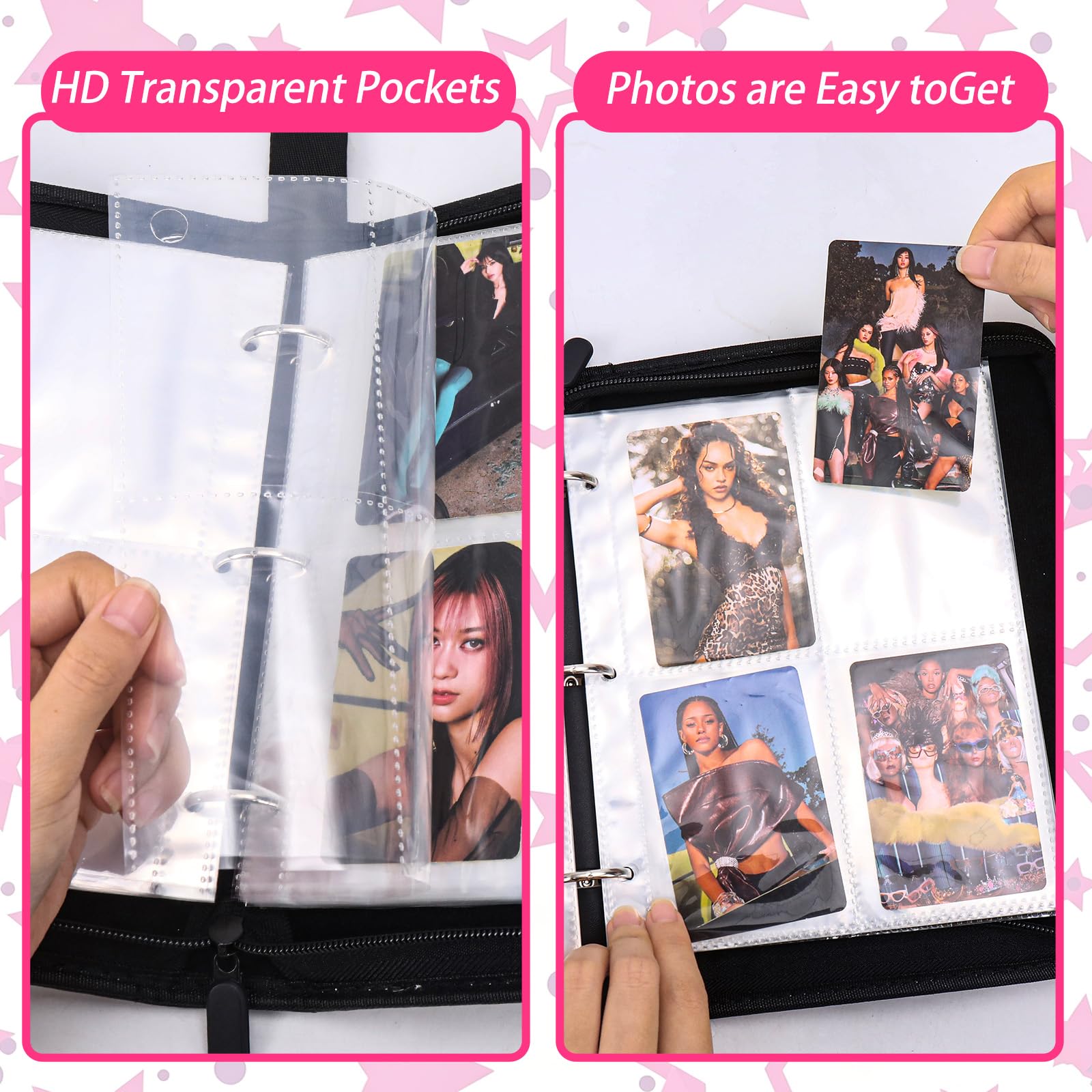 Katseye Classeur de cartes photo A5 avec 50 pages de cartes à 4 poches, album collecteur de cartes à 3 anneaux avec 6 autocollants et 400 emplacements pour cartes, couverture en cuir synthétique