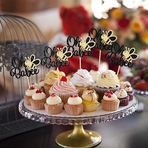 Miniatura 4 de Gyufise 24 piezas Oh Babee para cupcakes con purpurina Sweet Bumble Bee Oh Baby para temática de abejas, baby shower, fiesta de cumpleaños,