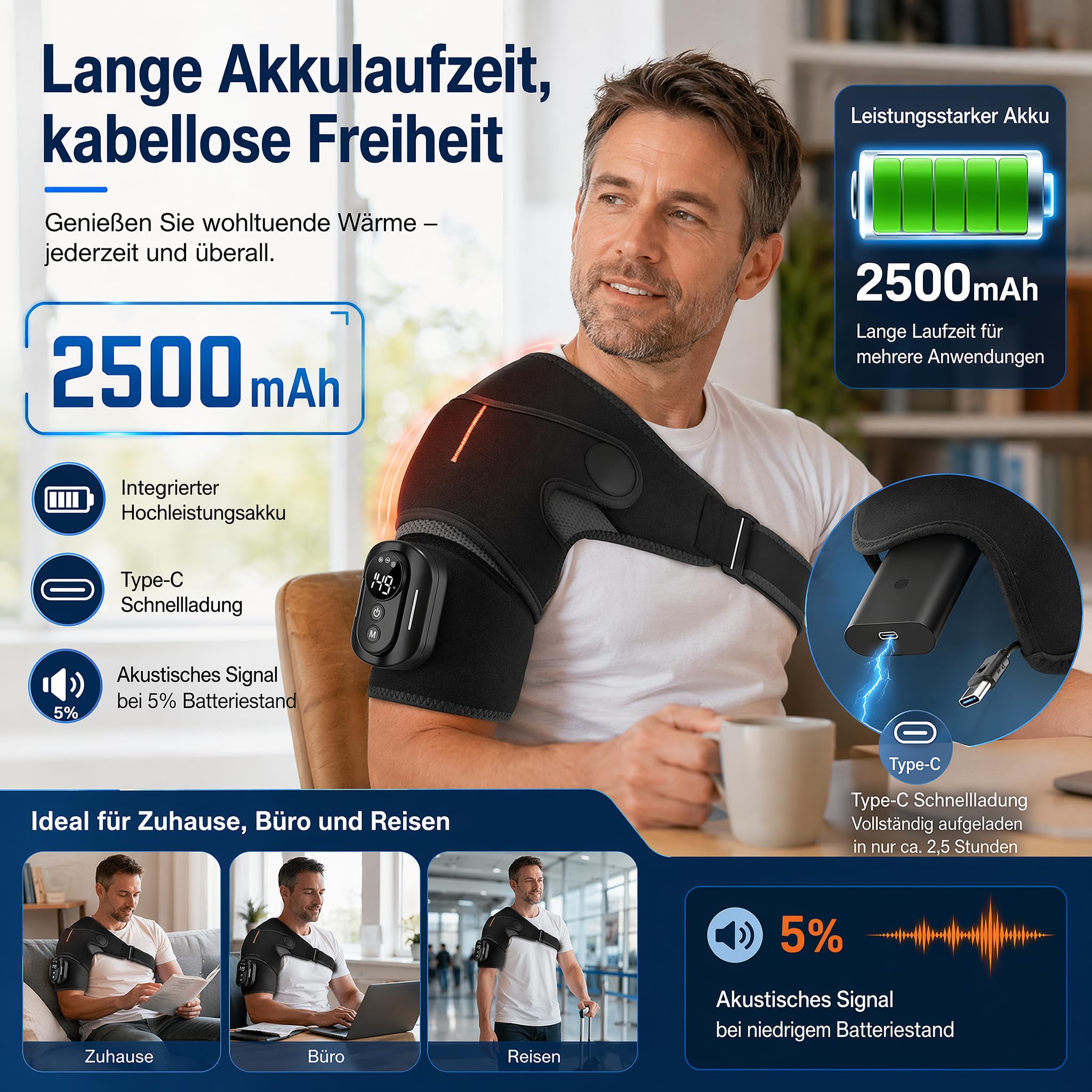 Massaggiatore per spalle 3 in 1 con telecomando, imbottitura riscaldante per le spalle con 5 livelli di calore e 5 modalità di vibrazione, batteria da 5000 mAh, fascia per spalle ricaricabile con