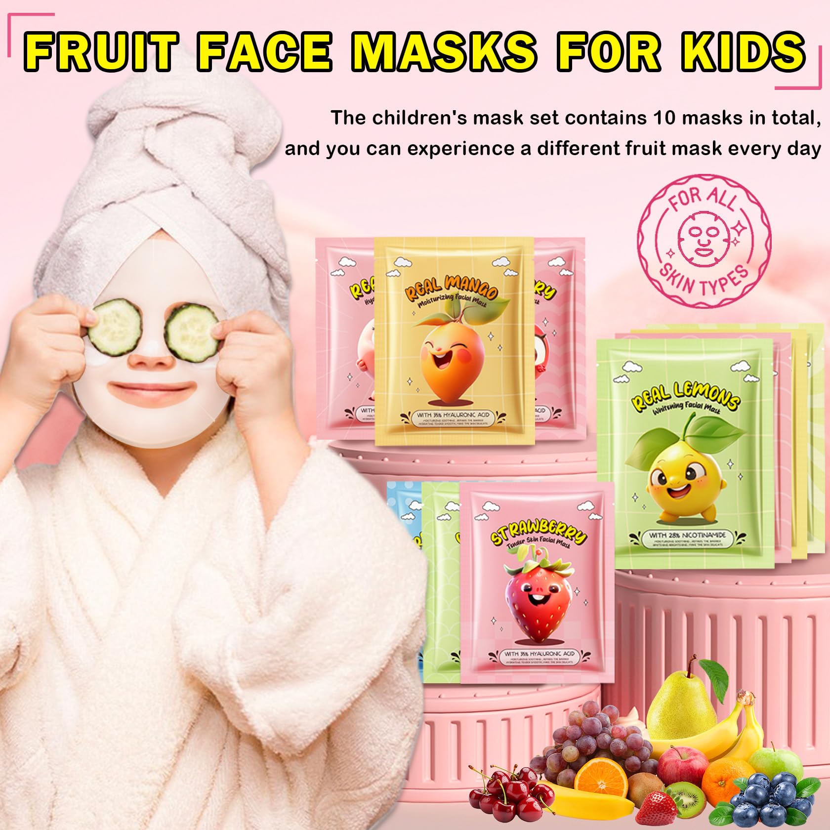 Packung mit 10 Gesichtsmasken für Kinder, Spa, Frucht-Gesichtsmasken für die Hautpflege von Kindern, feuchtigkeitsspendende Gesichtsmasken für die Hautpflege