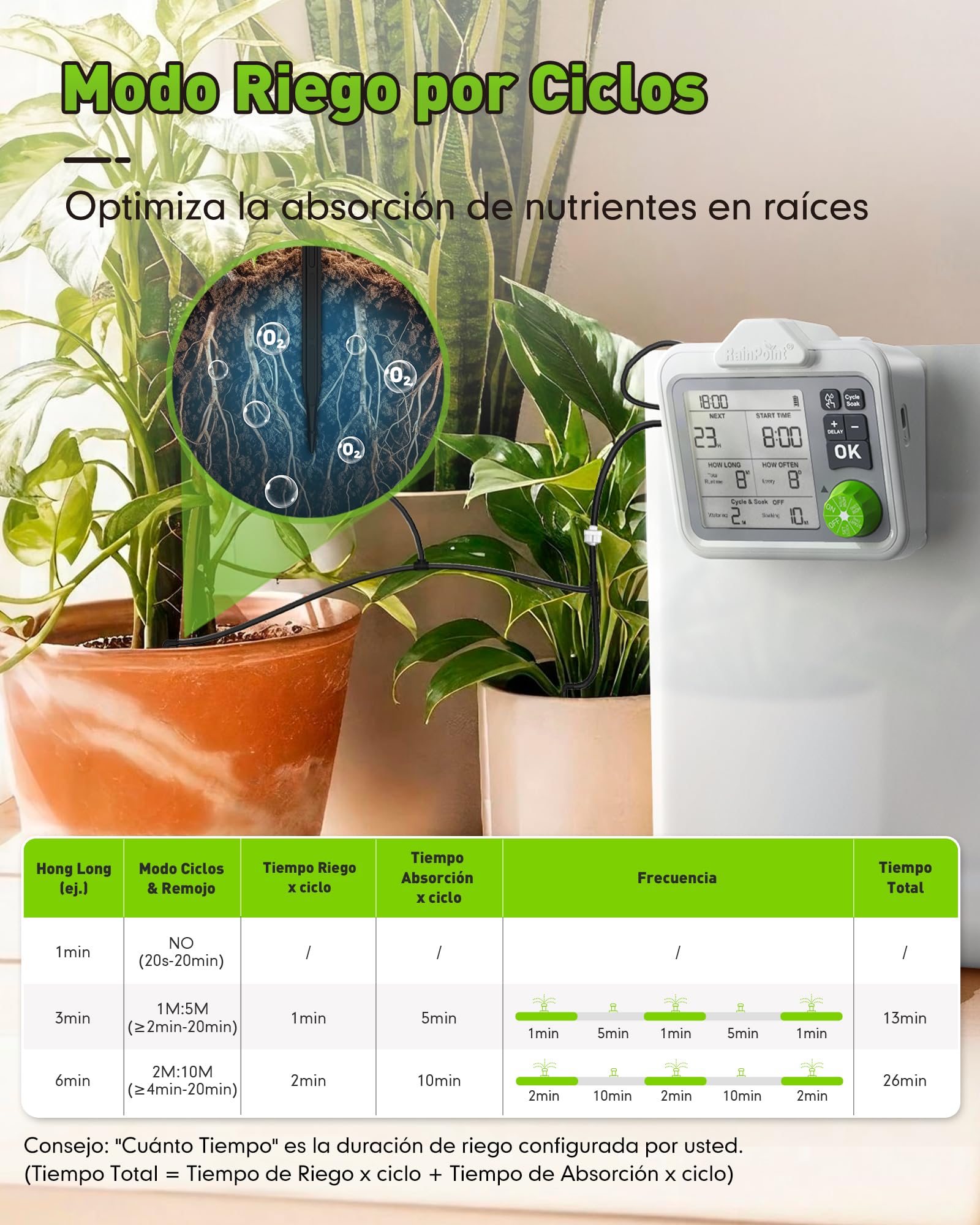 RAINPOINT Sistema de riego automático, riego automático en interiores para 20 plantas en maceta, kit de riego por goteo recargable para plantas de interior, balcón, riego de vacaciones