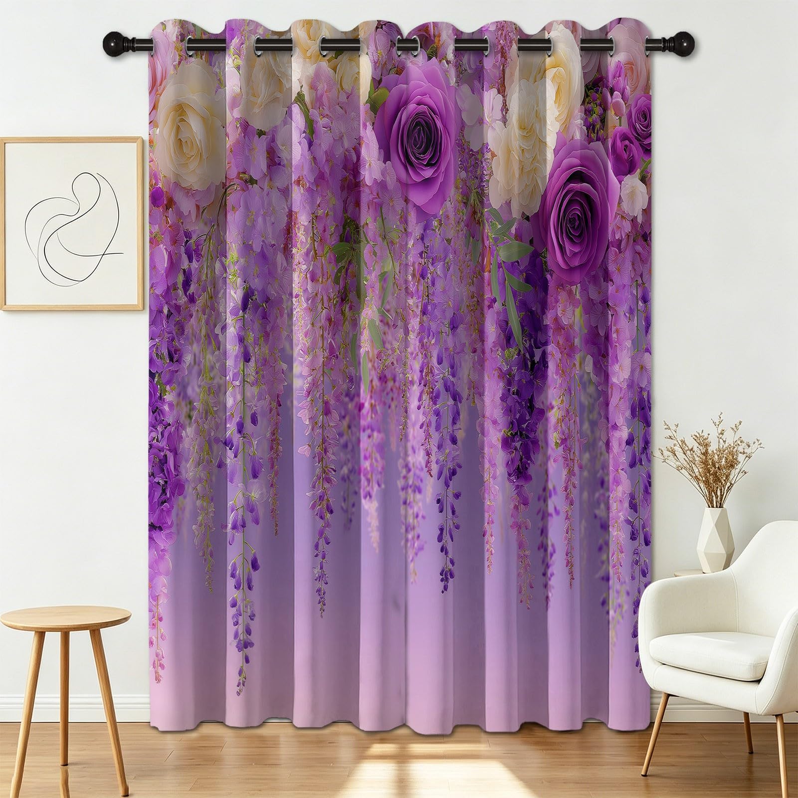 Générique Wiejskie kwiaty glicynia róże zasłony zaciemniające zestaw 2 sztuk, 91,5 l x 214 cm, izolacja termiczna do pokoju weselnego Pokój dziewczęcy Balkon, francuska romantyczna zasłona, redukcja