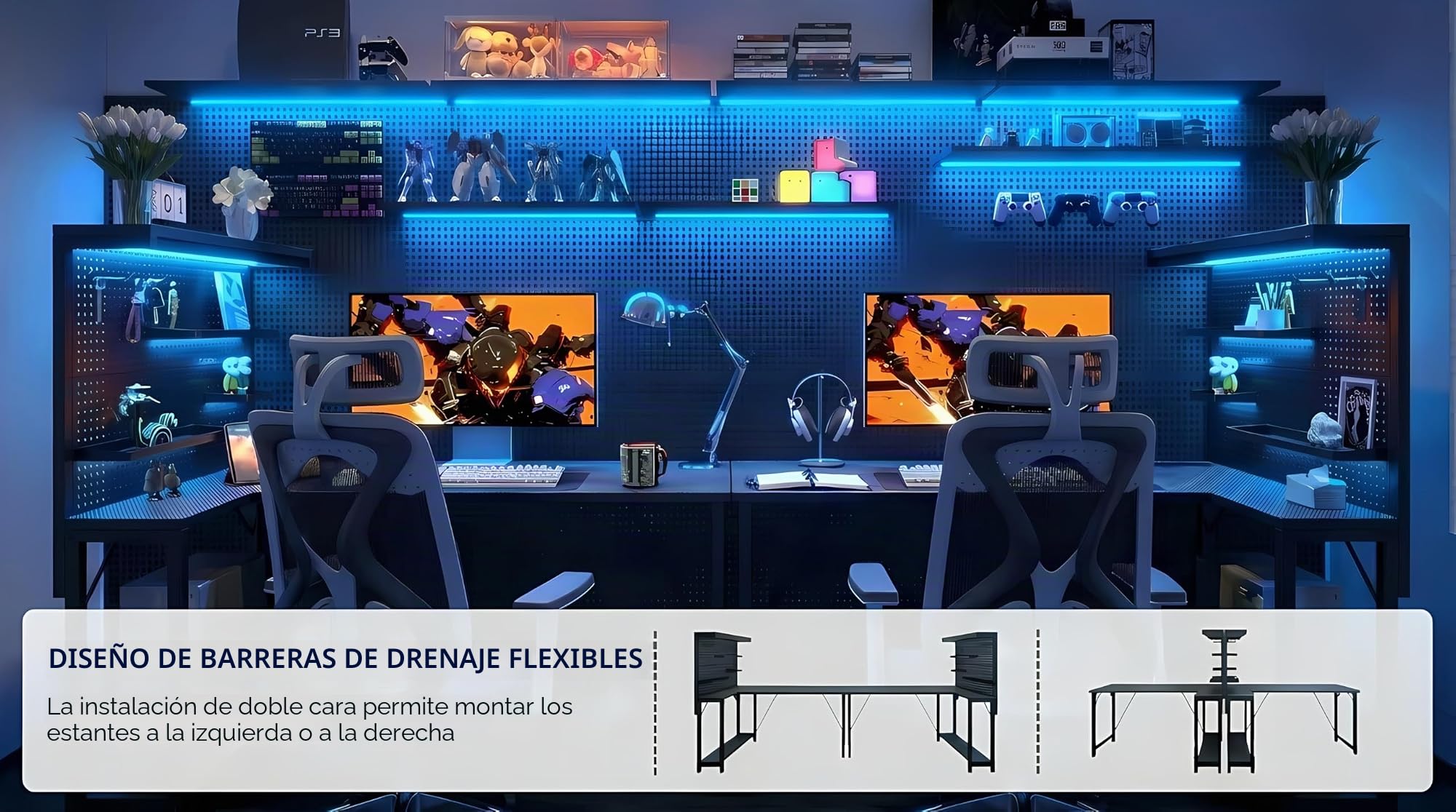 120*80 cm mesa gaming en forma de L con panel perforado y estanterías, mesa de ordenador de esquina con enchufe, escritorio de oficina reversible con 3 estantes desmontables para hogar, Negro