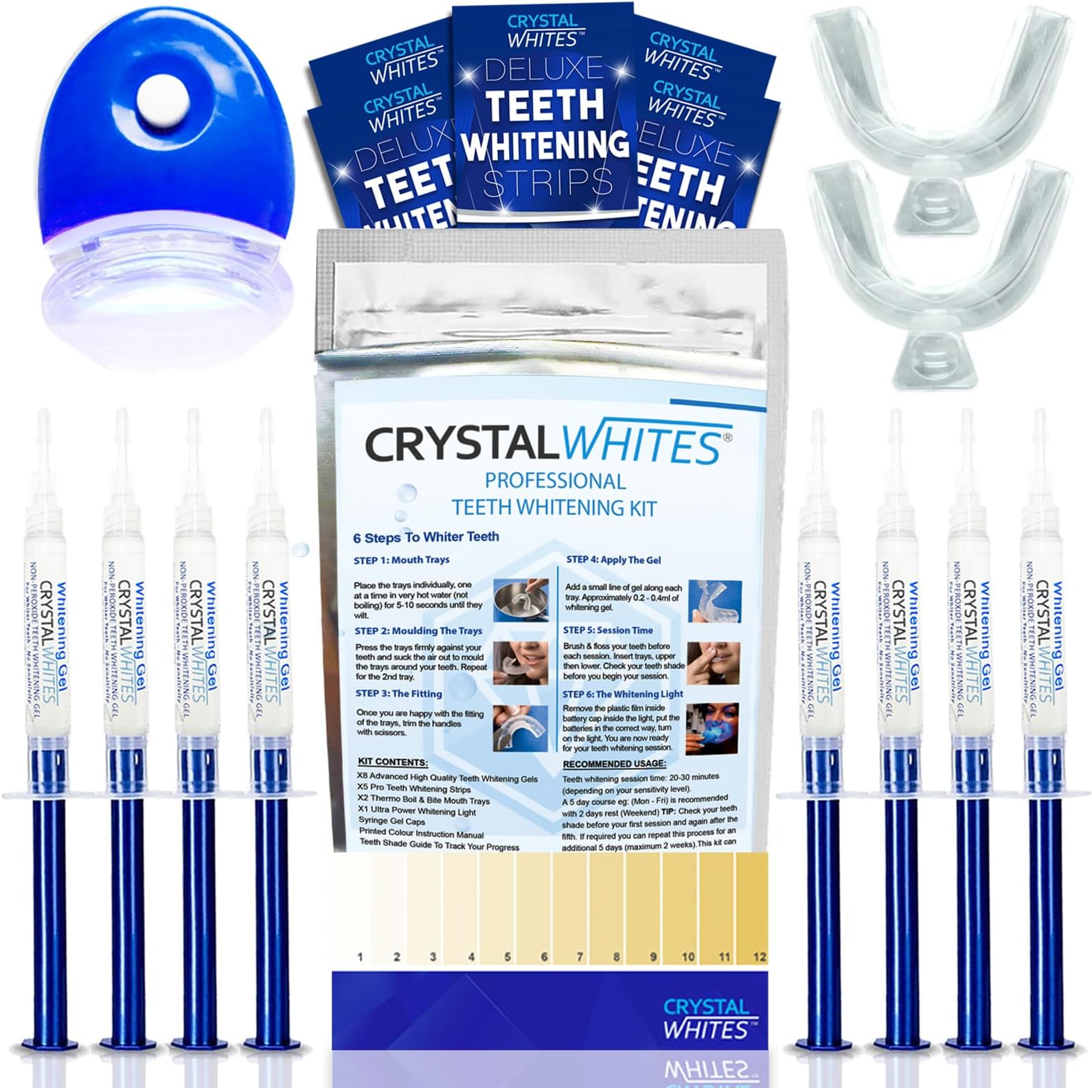 Teeth Whitening Kit With Blue Light | X8 Gels & 5 Pro Strips - 45+ Sessions - Safe on Teeth & Gums With Dental Level Results | Advanced Home Tooth Kit