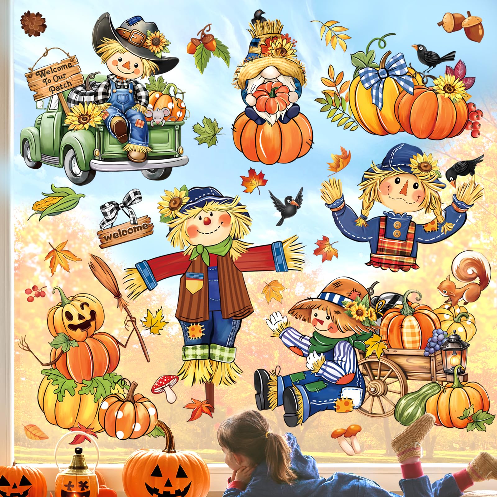 decalmile Window Clings Autumn Leaves Scarecrow Pumpkin Fall Windows Decals — image 1
