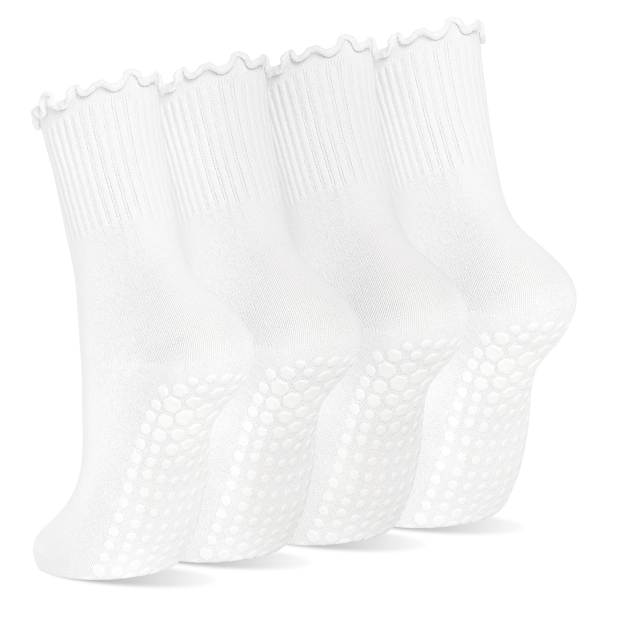 ELUTONG Yoga Socken Damen, 4 Paar AntiRutsch Pilates Socken with Gerüschter Saum Sockenbündchen für Yoga, Pilates, Barre, Tanz, Trampolin EU 35-40