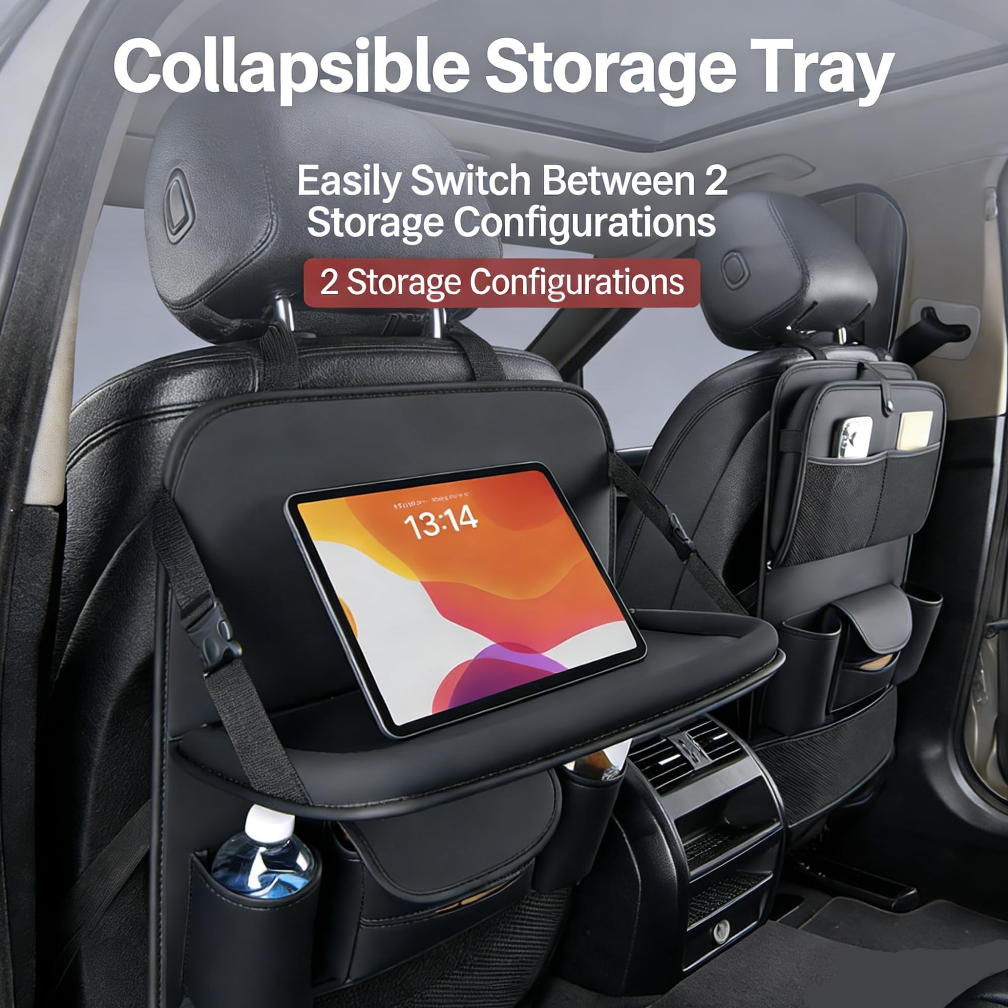 Organizador de asiento trasero de coche con mesa, bolsa de almacenamiento de piel sintética con bandeja plegable, organizador de asiento trasero multifunción para coche, camión, SUV (gris)