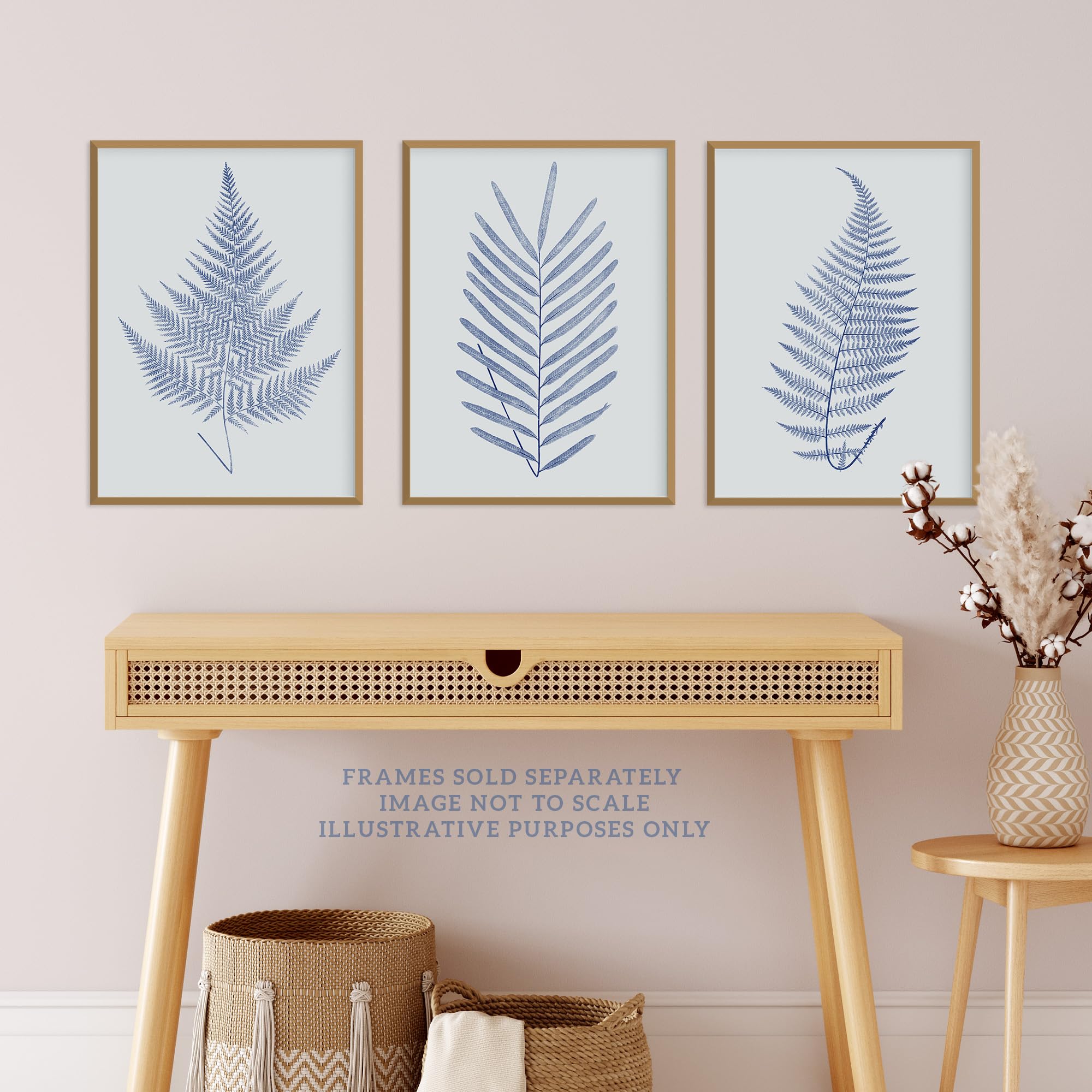 Wee Blue Coo Pack of 3 Elegant Calming Fern Leaf Frond Blue on Grey Detailed Foliage Imprint Botanical Unframed Wall Art Living Room Prints Set - Image 2