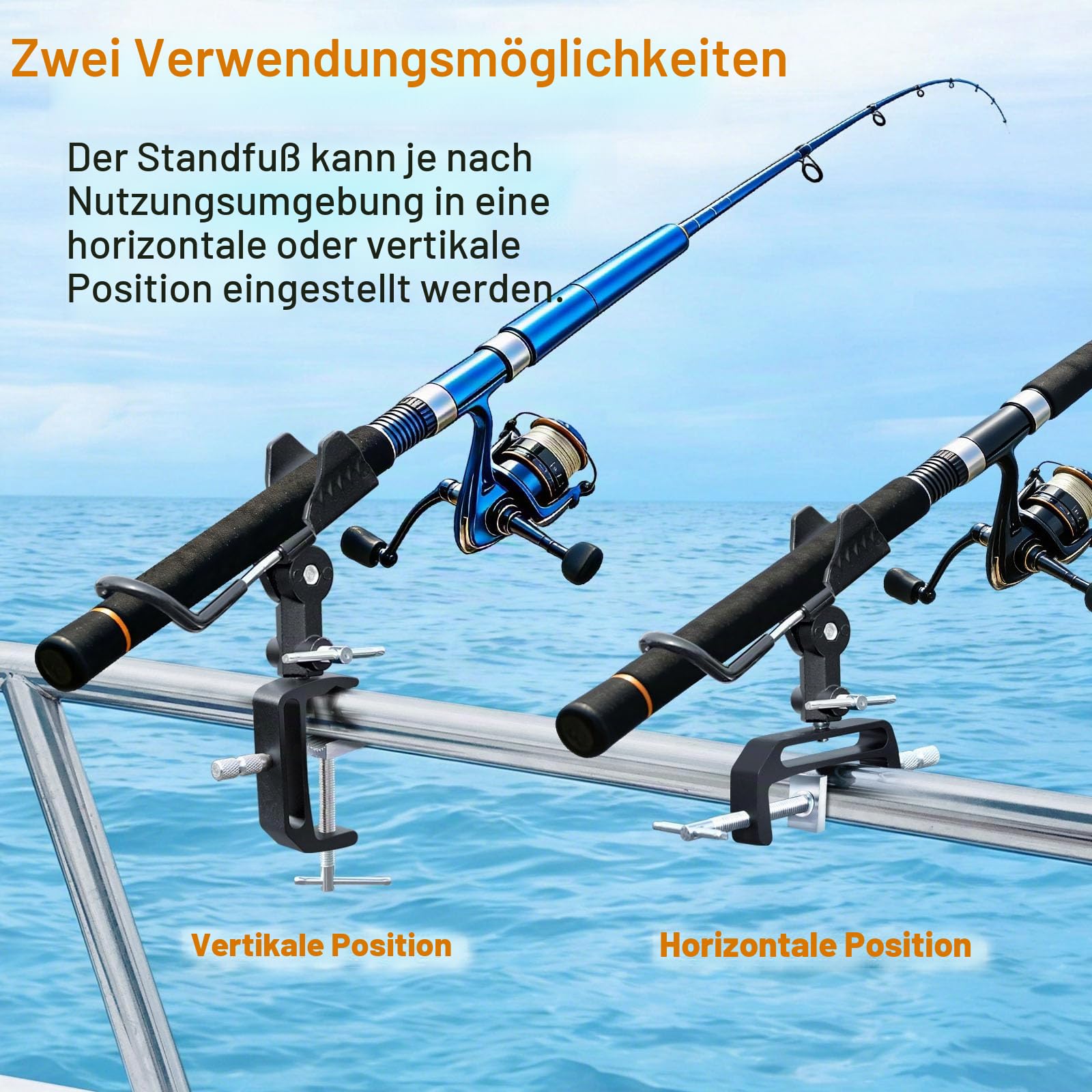 2 Stück Rutenhalter für Boote, um 360 Grad Verstellbarer Angelrutenhalter mit großer Klemme, aus Aluminiumlegierung, geeignet für runde oder eckige Rohrspanten.