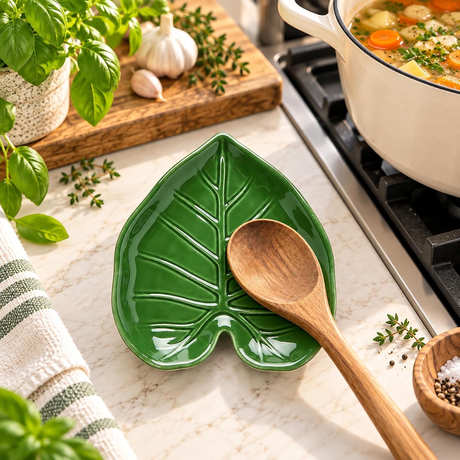 Green Ceramic Spoon Rest for Stove Top and Kitchen Counter