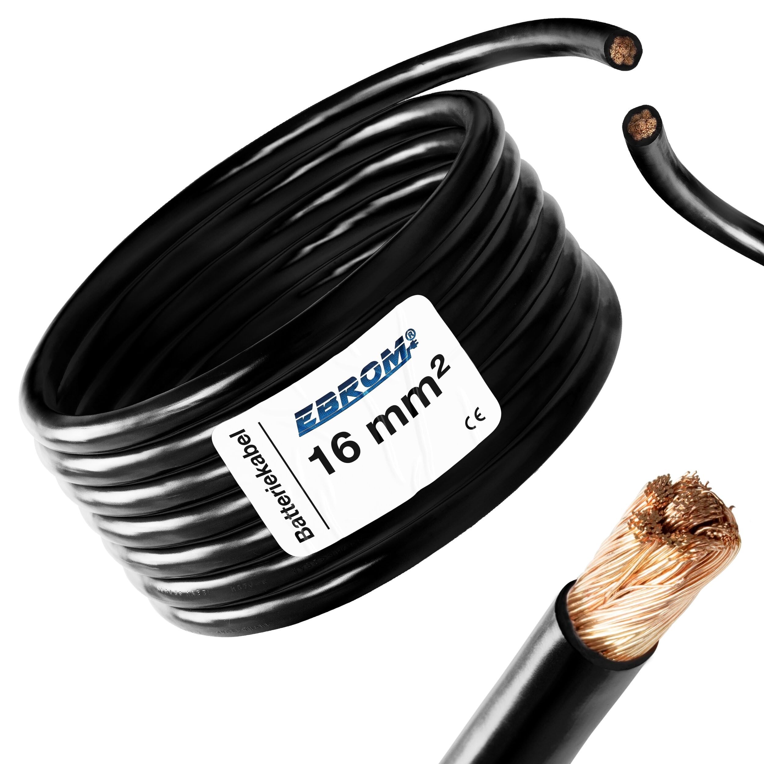 EBROM - Cavo batteria da 5 metri - cavo di massa - nero - 16 mm2 | 16 mm² | 16 mm2 - rame pieno 99,9% cavo di alimentazione in rame OFC, lunghezza: 5 metri