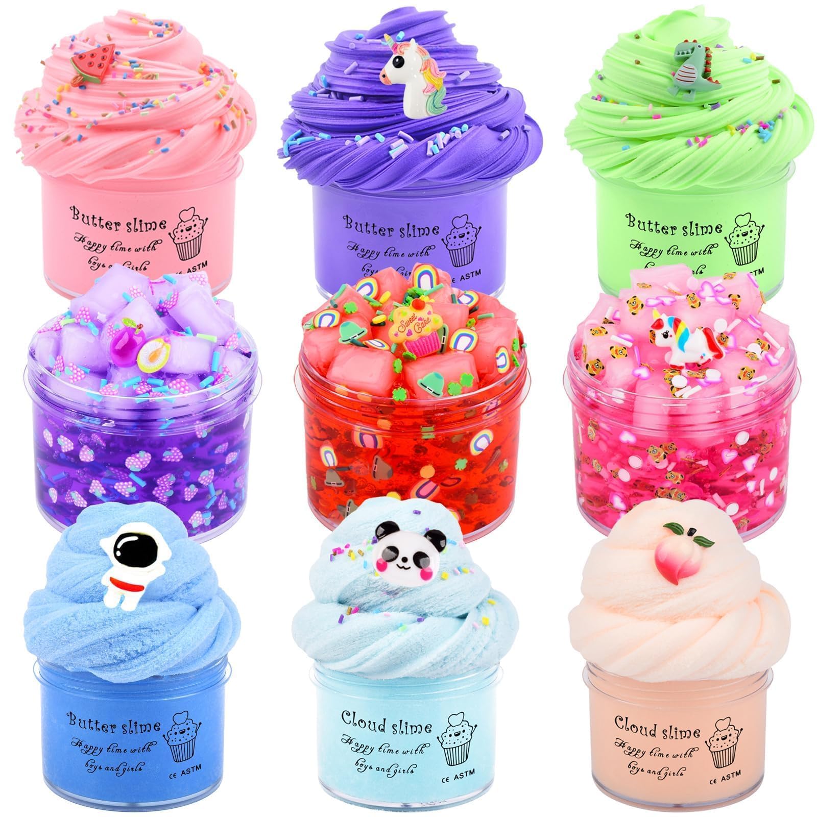 9 Pack Slime Kit for Kids- 3 Cloud, 3 Butter & 3 Crunchy Slimes with Astronaut Add-ins, Party Favors for Girls & Boys