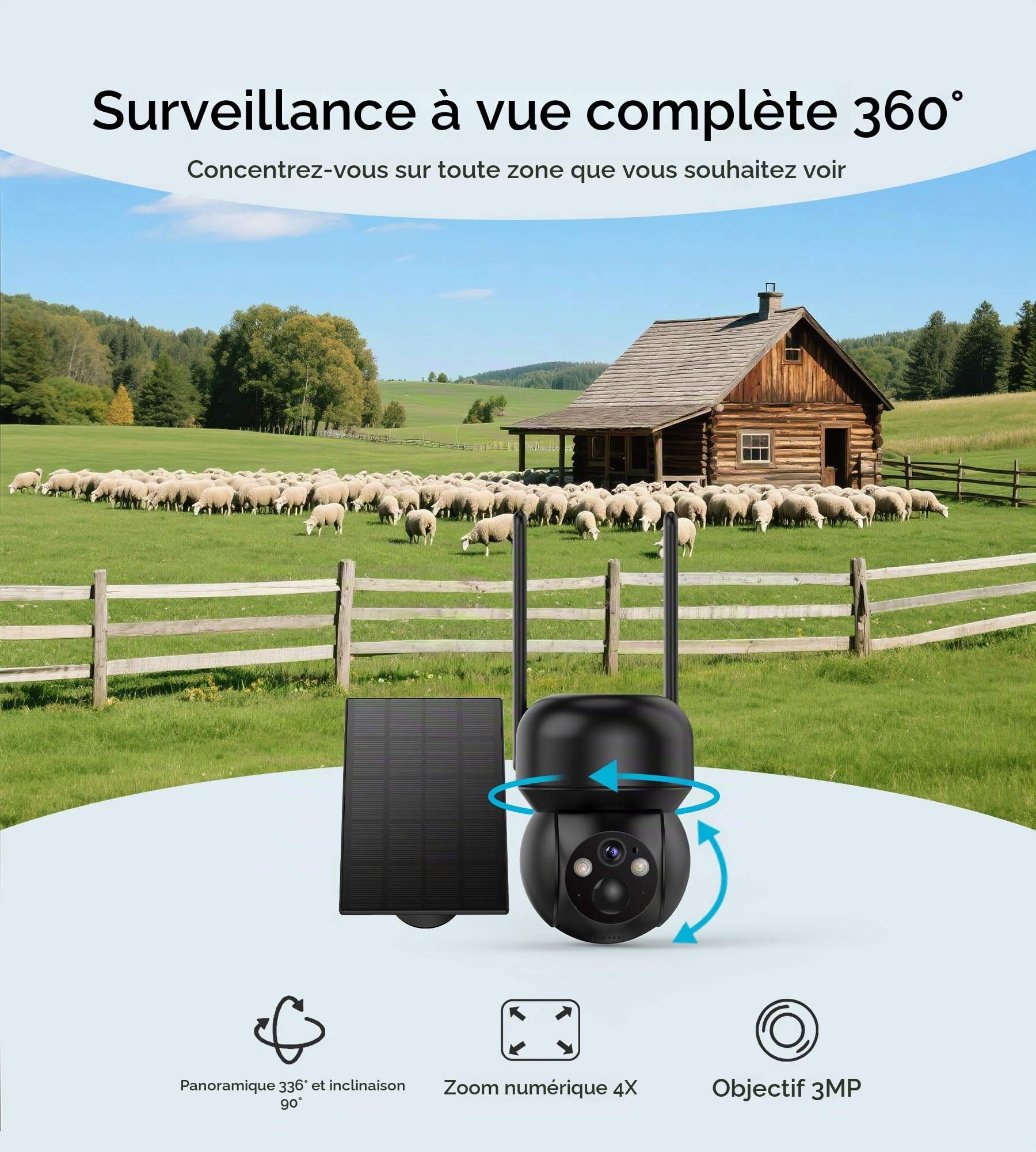 4G LTE Camera Surveillance Solaire Exterieur: 2K Camera Exterieur sans Fil avec Carte SIM 360° PTZ Caméra Batterie sans Wi-Fi Détection Humaine PIR Vision Nocturne Couleur IP66 Audio Bidirectionnel