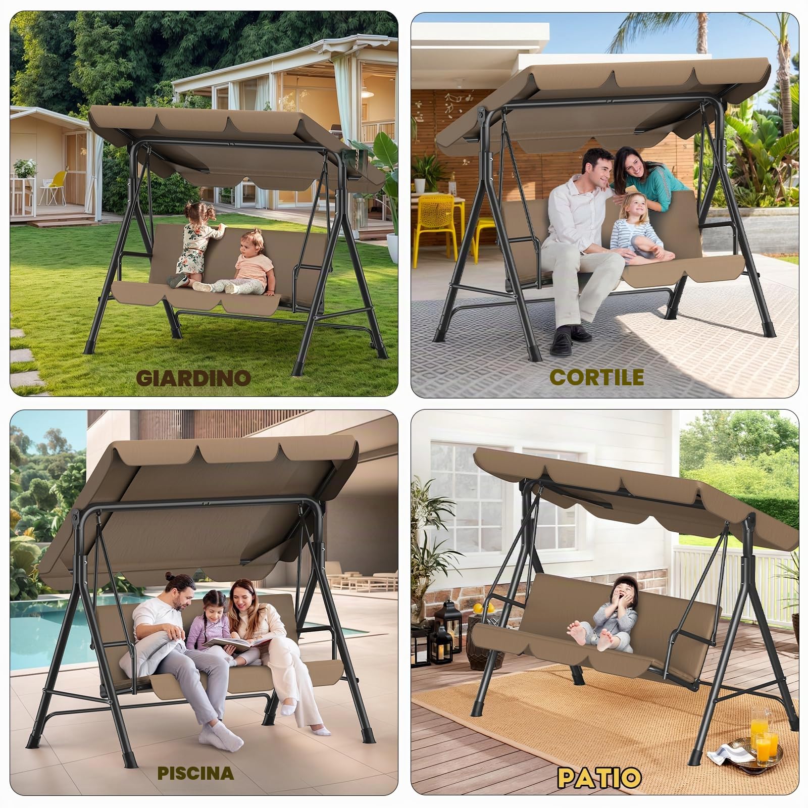 Dondolo da giardino a 3 posti, tettuccio parasole regolabile, imbottitura, acciaio, 175x110x152 cm, per giardino e terrazza, portata 200 kg, marrone