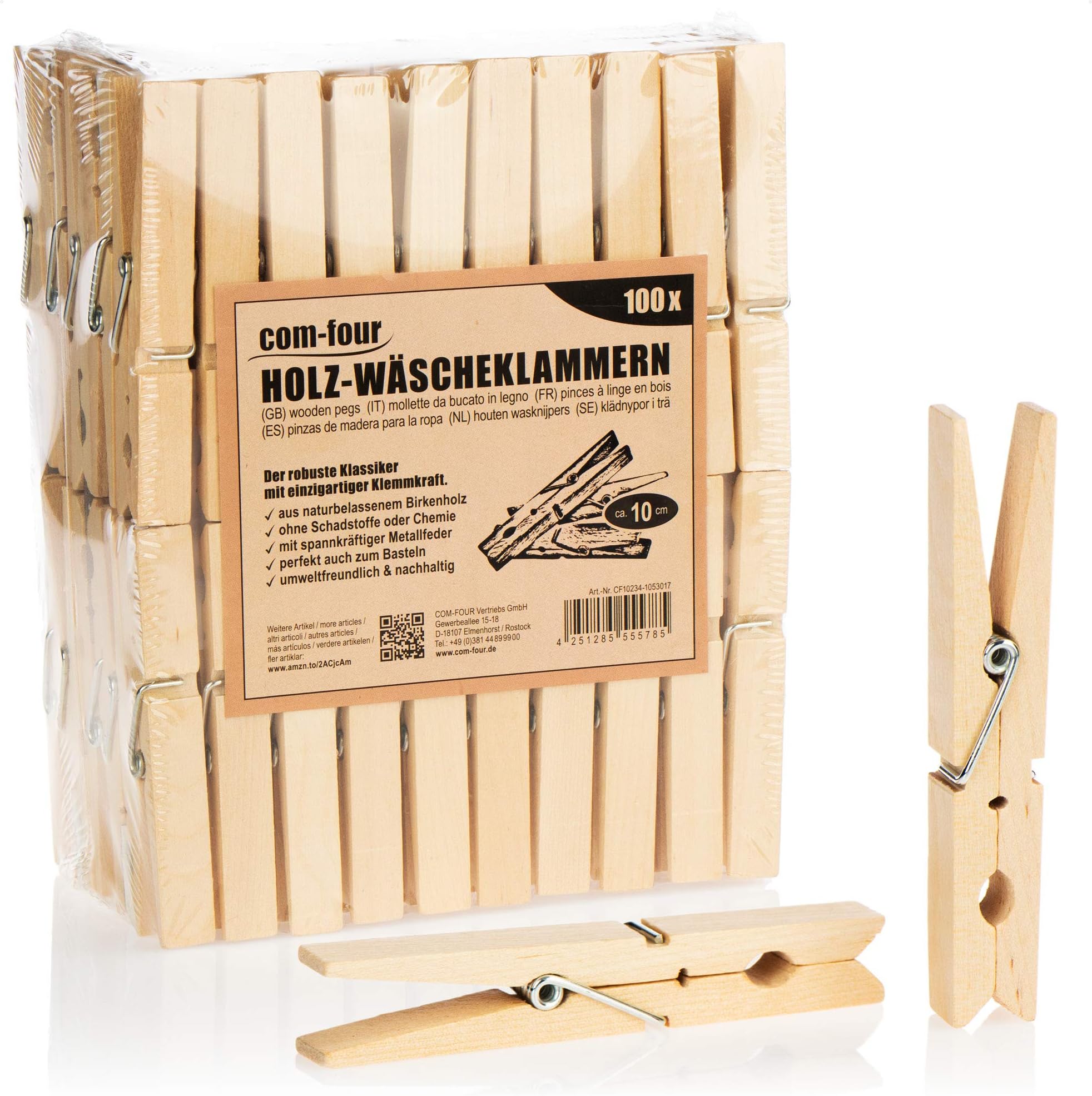 COMFOUR® 100x XXL Clothespins made of wood Sustainable wooden pegs