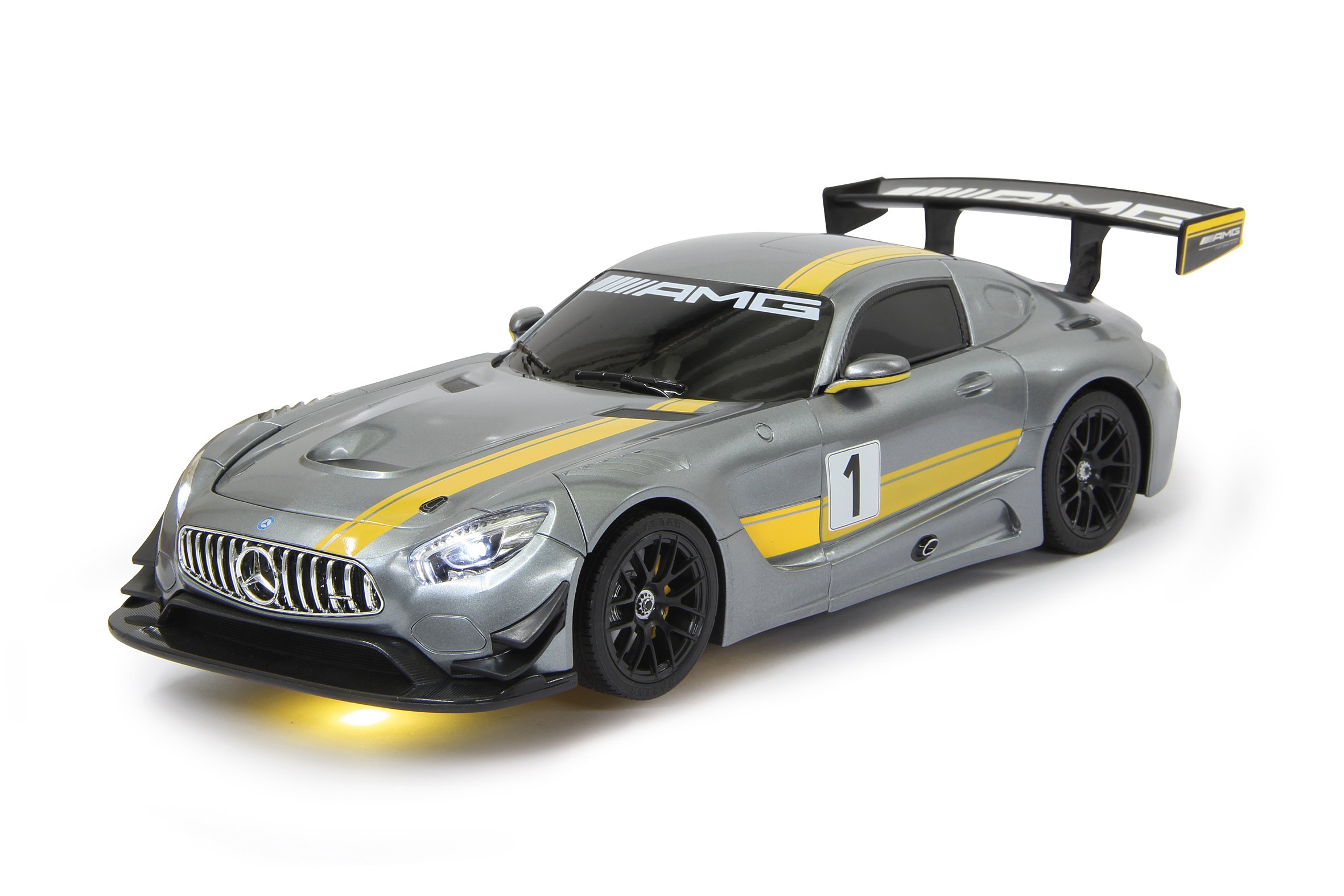 JAMARA 410028 – Mercedes AMG GT3 1:14 transformacja 2,4 GHz szara – RC transformacja w robota po naciśnięciu przycisku, tryb tańca, głośnik, zawieszenie na pojedynczym kole, do 1 godziny jazdy