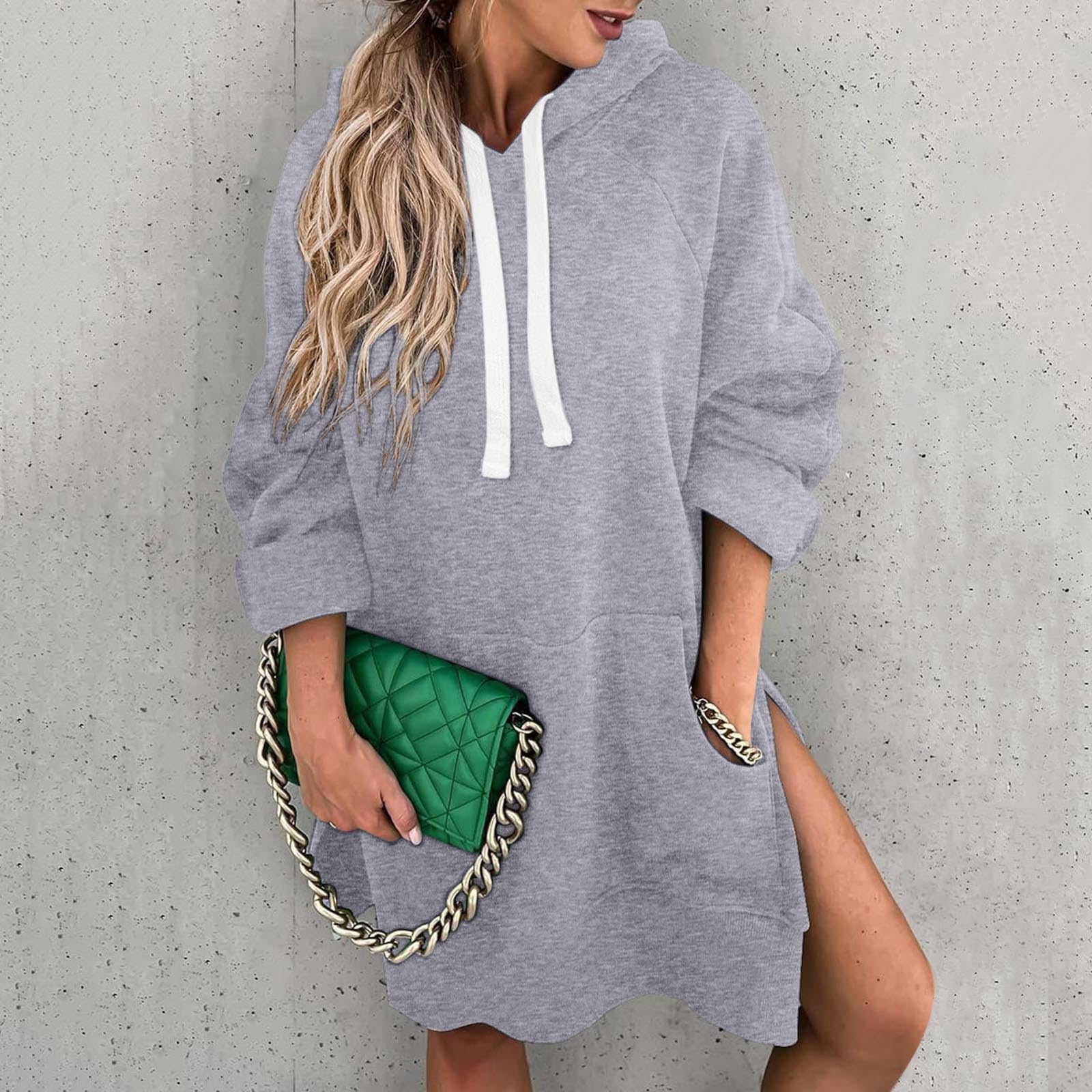 Generisch Comodo abito da donna con stampa natalizia, maniche lunghe, con cappuccio, abito midi con tasche
