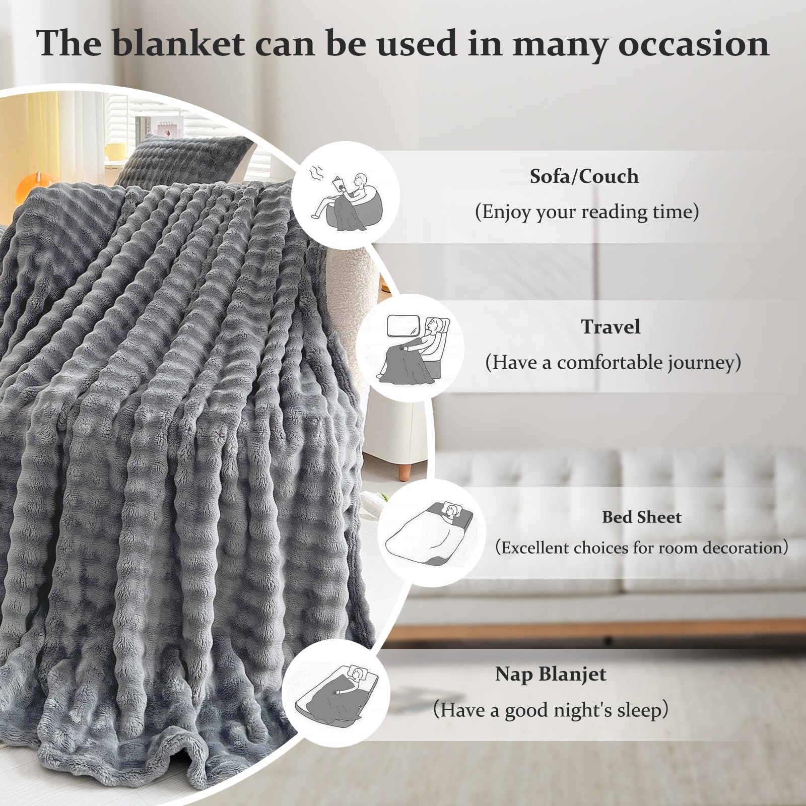 SHANNA Super Soft Warm Milk Velvet Cozy Bubbles 450 GSM Blankets Throws for Sofa Large Fluffy Versatile Blanket Bed Throw for Bedroom Couch - Image 3