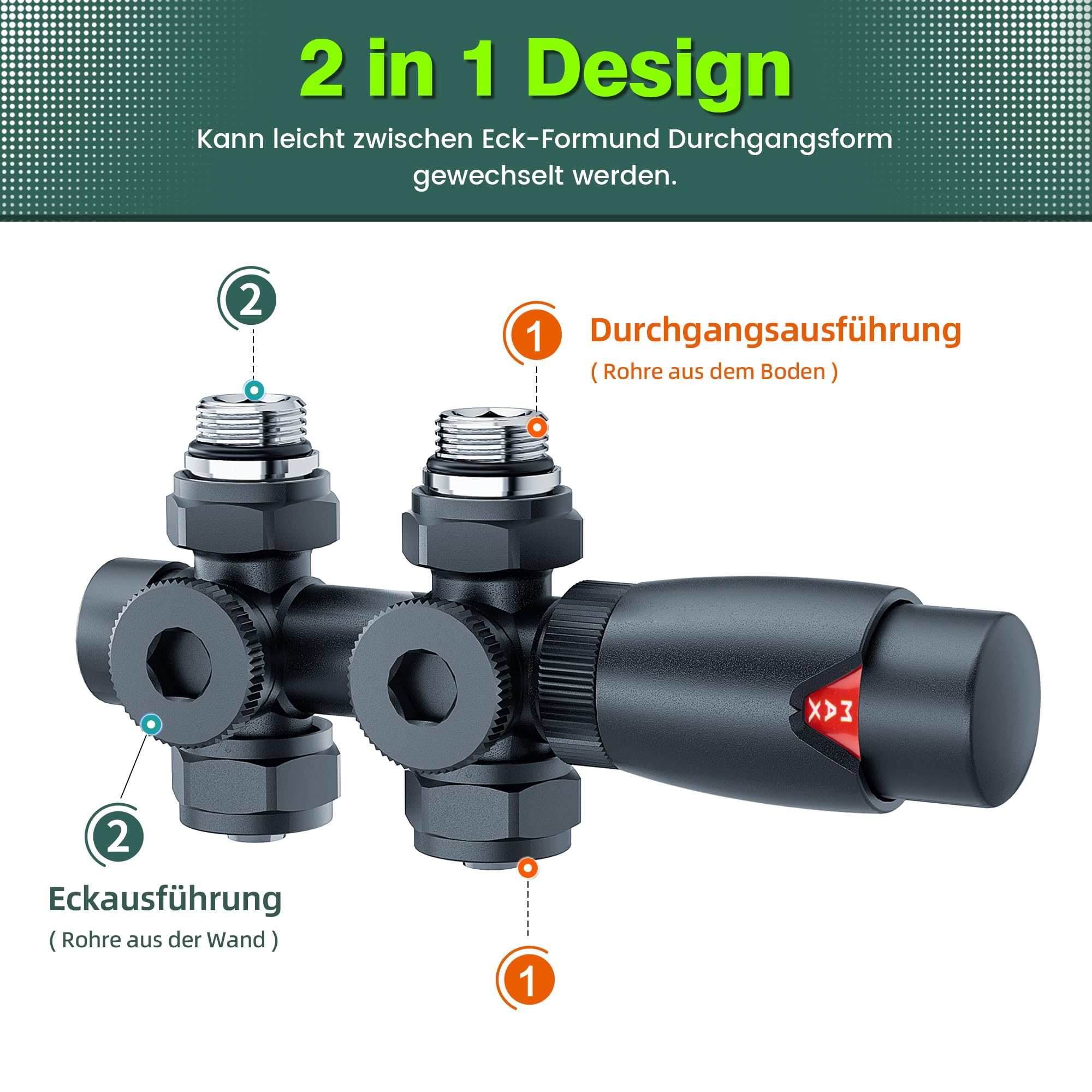 Multiblock Set für Heizkörper Anschlussarmatur mit Thermostat, Hahnblock Heizkörper Ventil Eck- und Durchgangsform 50mm, Heizkörperventil für Badheizkörper Heizungszubehör(G1/2",Anthrazit)