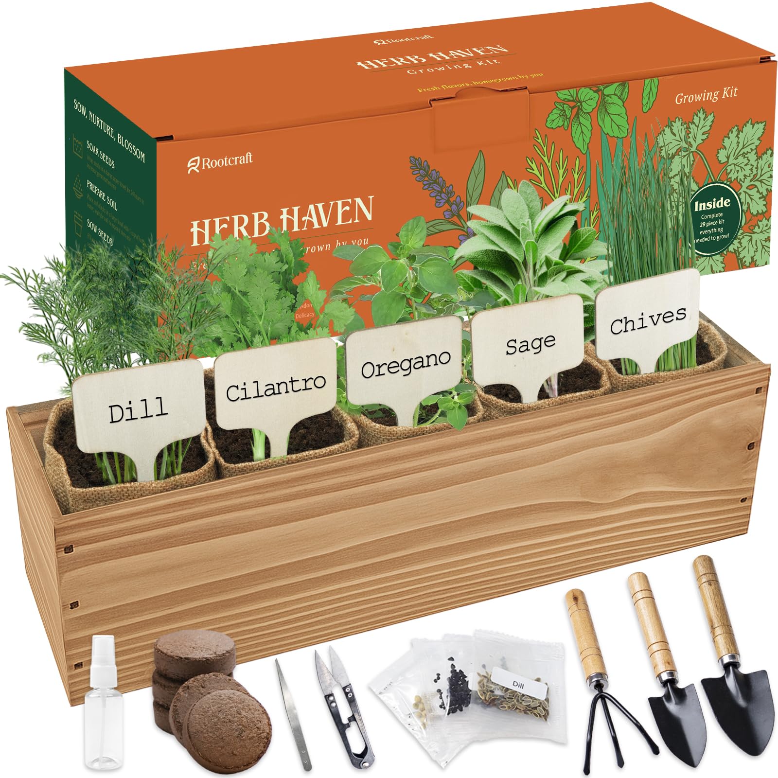 ROOTCRAFT 5 Herb Garden Planter Indoor Wooden Box