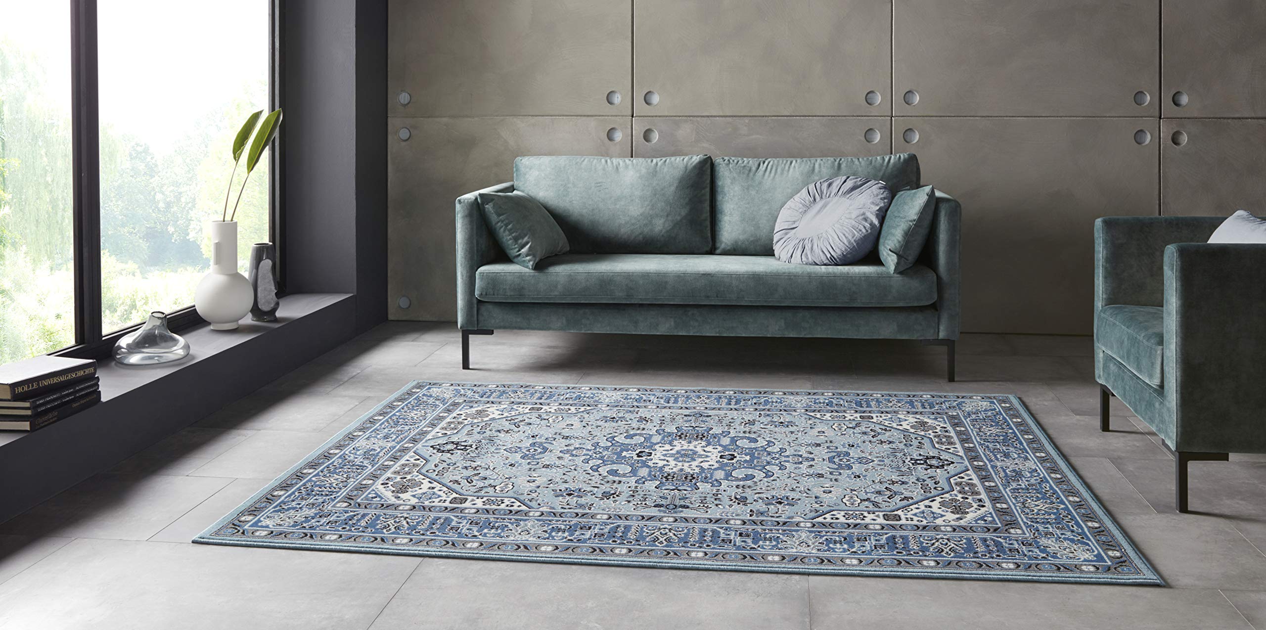 Nouristan Mirkan Orient Rug - Living Room Rug Oriental Short Pile Vintage Oriental Rug for Dining Room, Living Room, Bedroom - Sky Blue, 120 x 170 cm