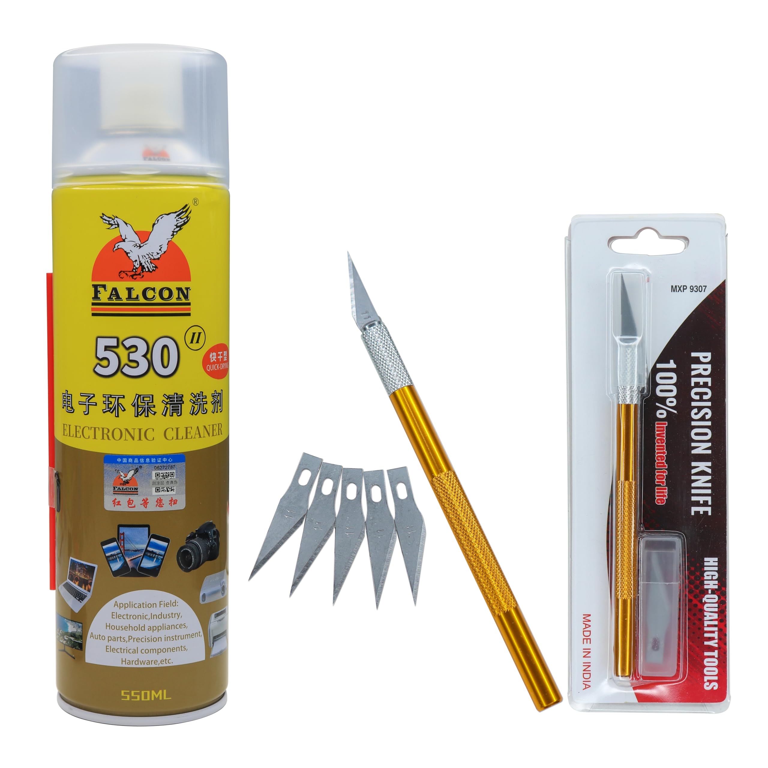 Electronic Spices Falcon 530 Electronic Cleaner 250 ml - Powerful Electronics Cleaning Solution | Safe for Delicate Components with Precision Pen Knife with 5 Interchangeable Sharp Blades