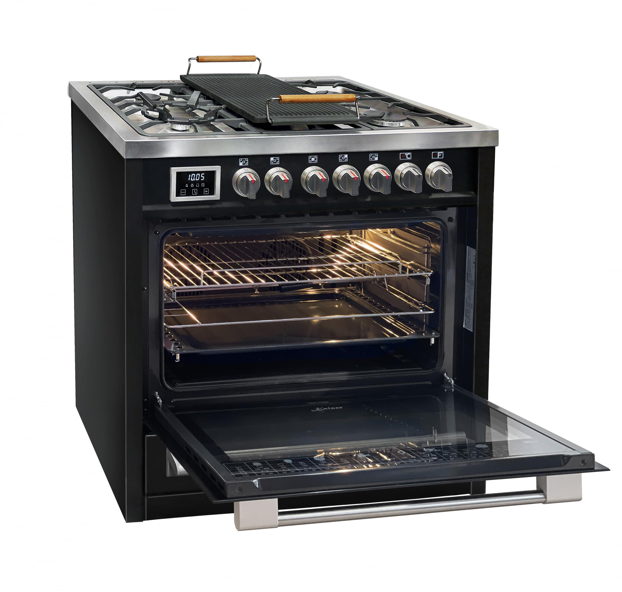 Kaiser HGE 93505 S Turbo · Gas Elektro Standherd 90 cm · Freistehender Range Cooker · Gaskochfeld 5 Zonen mit 4,5 kW WOK · XXL Elektro-Backofen 115 L · 8 Funktionen · Erdgas/Propangas