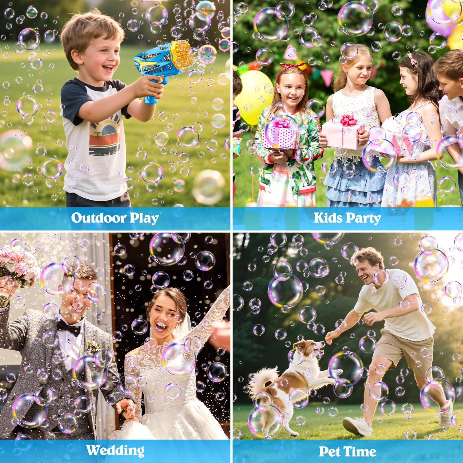GMUFTIR Pistola de Burbujas, 2 Piezas Máquina Automática Pompas de Jabón, con 4 Botellas de solución, 10 Packs Solución de Recarga de Burbujas, para Niños, Adultos, Juguete de Verano — view 8