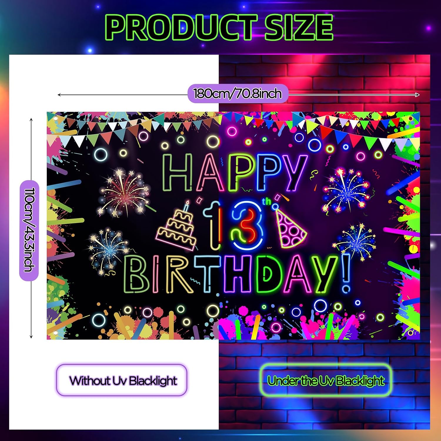 Neon Happy 13th Birthday Banner & Backdrop - Glow in The Dark Party Decorations with UV Black Light Reactive for Let Glow Neon Birthday Blacklight Halloween Party Supplies