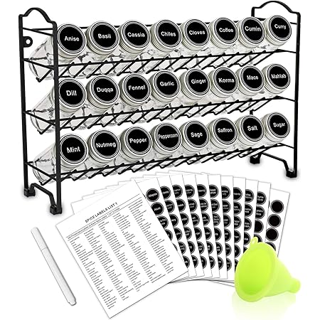 SWOMMOLY Spice Rack Organizer with 24 Empty Round Spice Jars, 396 Spice Labels with Chalk Marker and Funnel Complete Set, for Countertop, Cabinet or Wall Mount