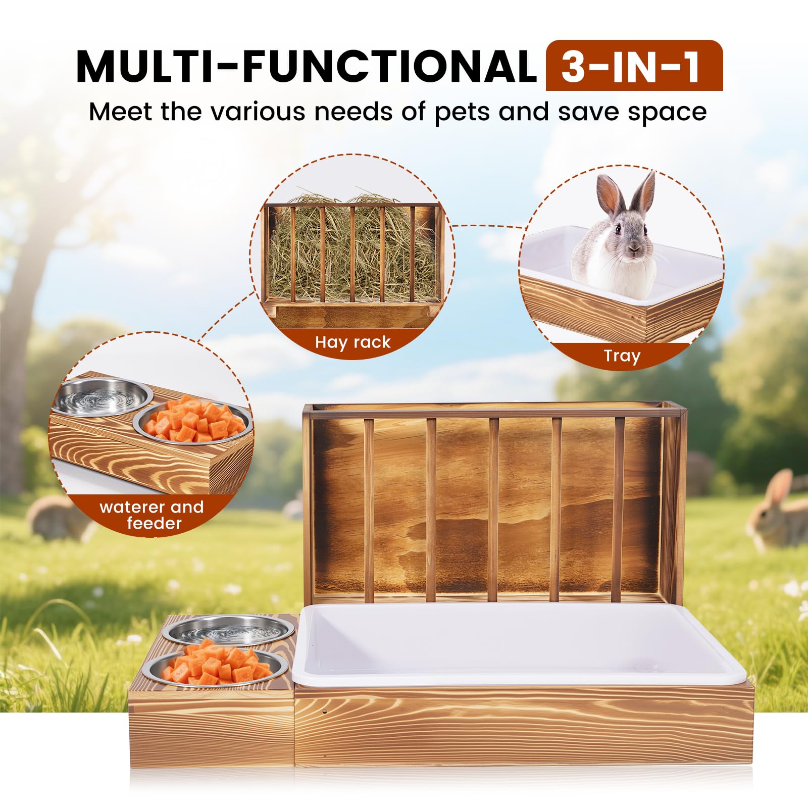 KHEARPSL 3 in 1 Rabbit Hay Feeder with Litter Box and 2 Bowls, Bunny Feeder Guinea Pig hay Rack Holder & Litter Box for Chinchilla Hamsters Guinea Pig Rabbit Bunny Small Animals (Brown) - image 7