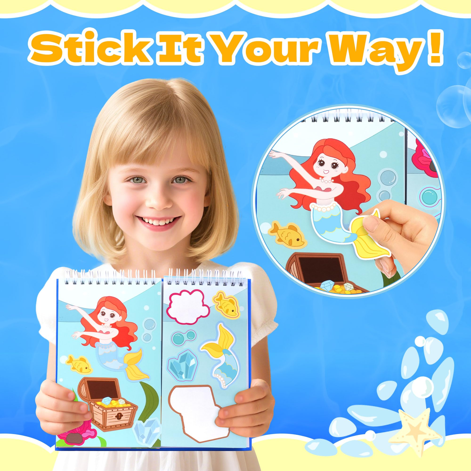 YPLUS Mermaid Sticker Book, Sticker Books for Toddlers with Dress-Up Stickers & Colouring Scenes, 8-Colour Crayons Included - Image 4