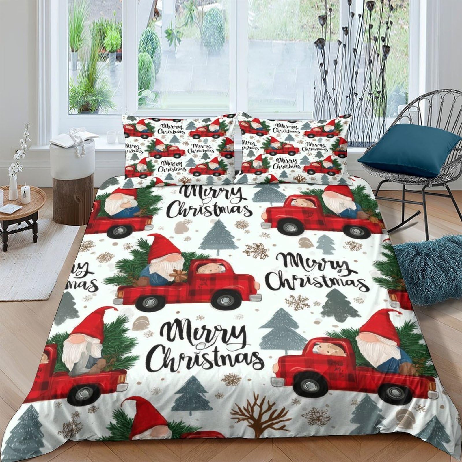 Ctjqhvkz Style-2 3D Printed Christmas Red Truck Fitted Sheet Microfiber Soft Gnome Tree Bed Cover For Bedroom Guest Room Decor Single（135X200cm）