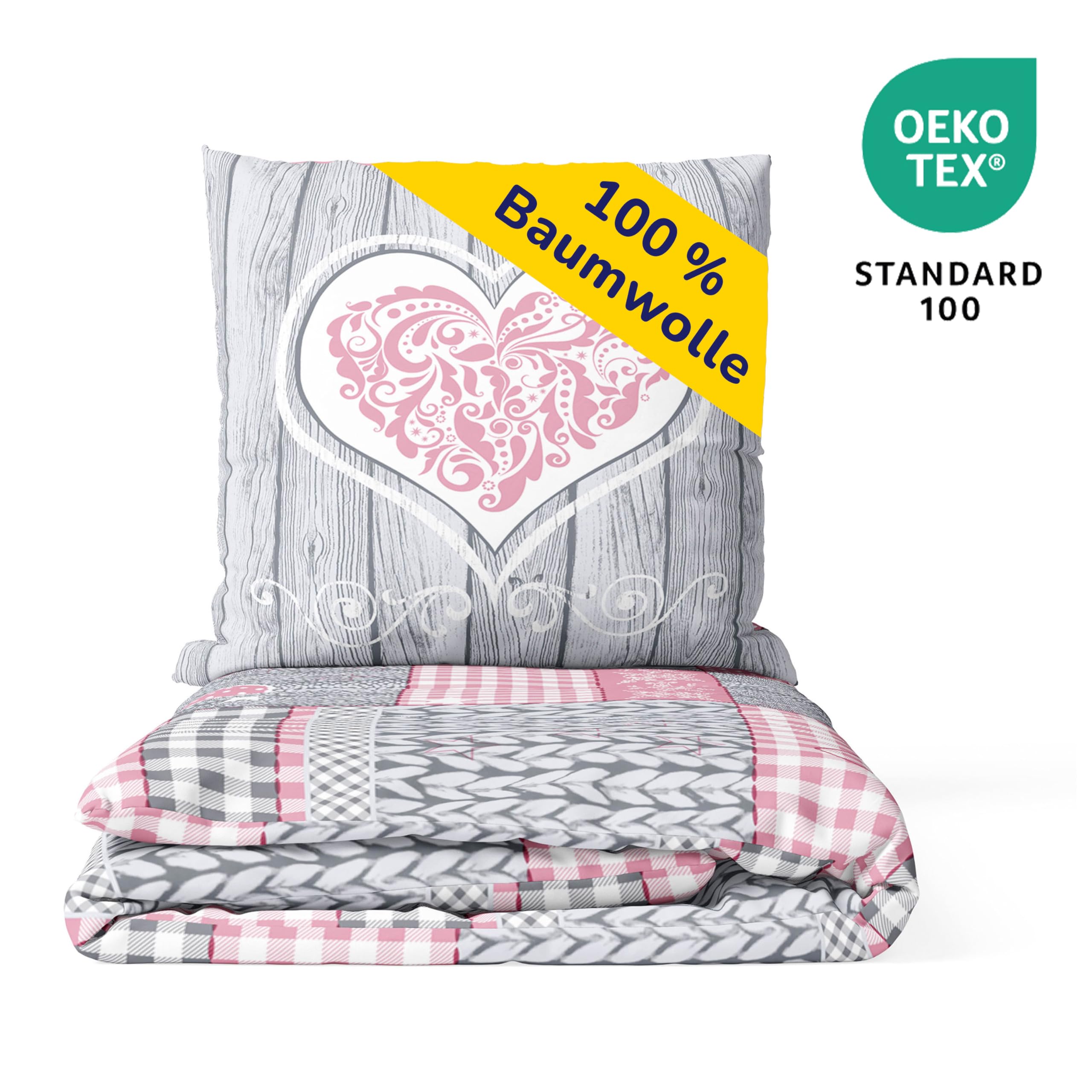 Träumschön Biber Bettwäsche Set 2tlg 155x220 cm + 80x80 cm – Flauschige Kinderbettwäsche Rosa – Weiche Winterbettwäsche mit Herzen - Atmungsaktiv, Warm & Hautfreundlich - 100% Baumwolle