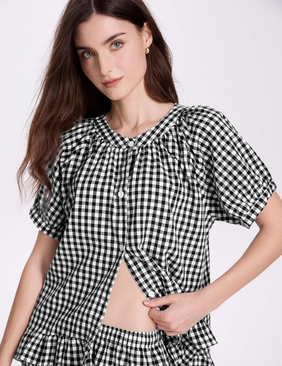 COZYPOIN Womens Gingham Pajama Set 2 Piece Plaid Cotton Pjs Cute Ruffle Sleepwear Maternity Bridesmaid Pajamas Loungewear - Image 4