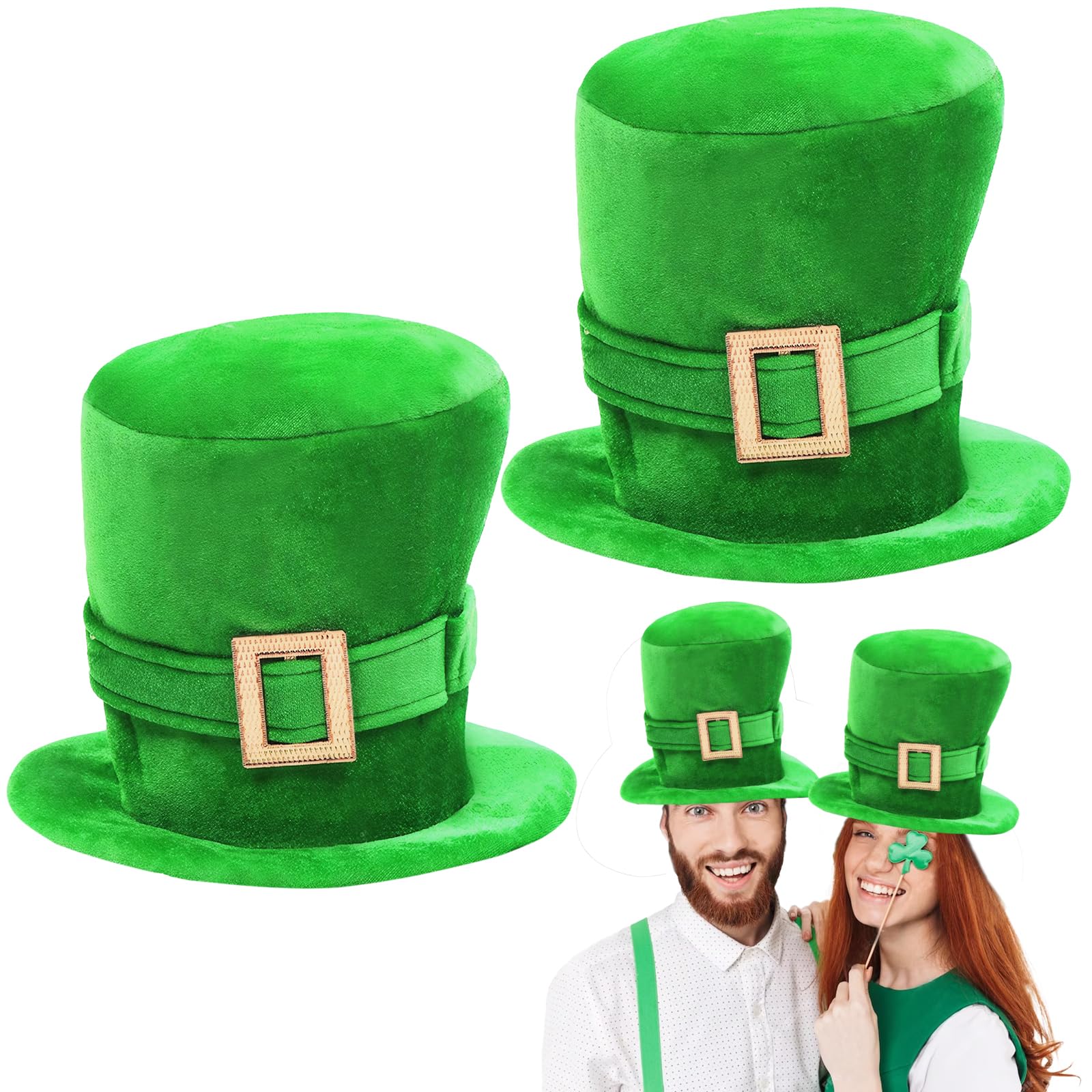 Wittocs 2 Pack St. Patricks Day Green Top Hats Leprechaun Hat with Buckle for Women Men Couple Adult Party Costume Velvet Irish Parde Tree Toppers