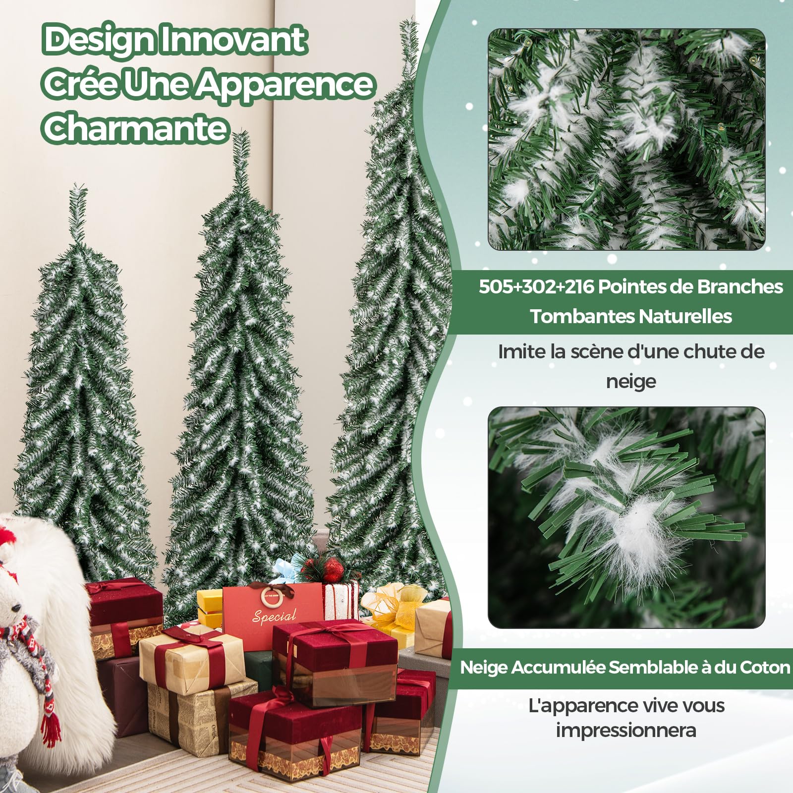 COSTWAY Lot de 3 Sapins de Noël Artificiels de 90 cm/120 cm/150 cm, Sapin de Noël Enneigé avec 129/231/369 Branches en PVC et 50/100/150 Lumières LED Blanc Chaud (Vert, 120+150+180 cm)