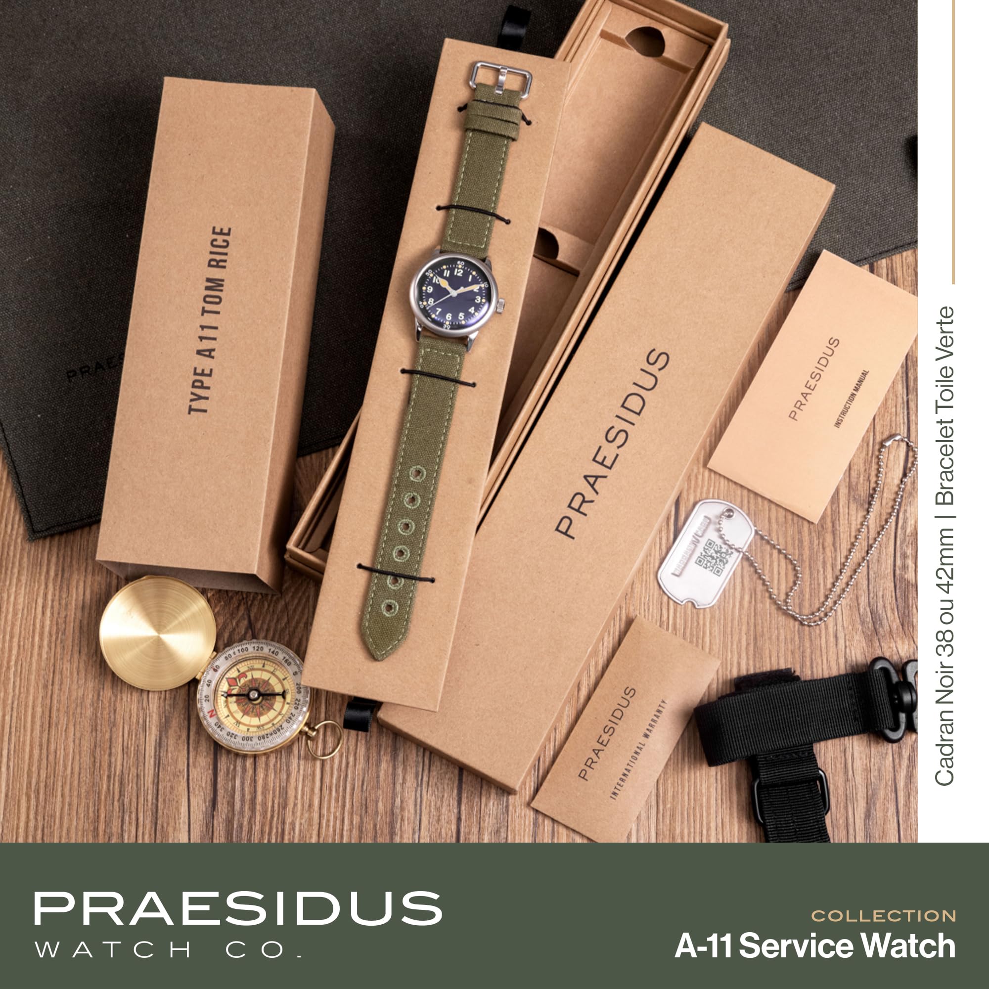 PRAESIDUS | Serwis Watch - automatyczny zegarek wojskowy, męski zegarek wojskowy - czarna tarcza ze stali nierdzewnej 38 mm, zielony pasek z płótna - męski automatyczny zegarek, wojskowy zegarek USA