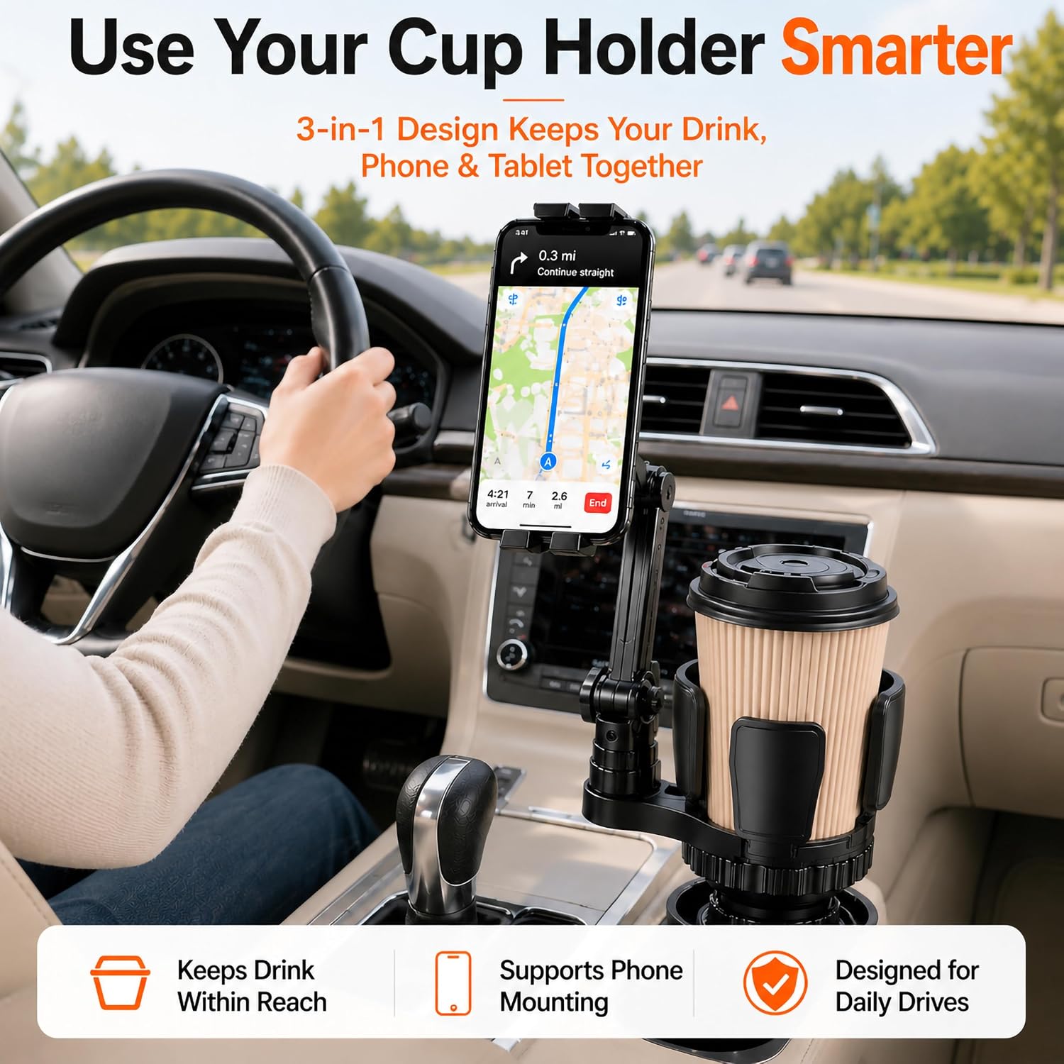 Tablet Holder for Car, 3-in-1 Cup Holder Mount for iPad, Phone, Road Trips | Expandable base holds drink and 4.7-12.9 inch devices for passenger viewing in cars, SUVs and trucks